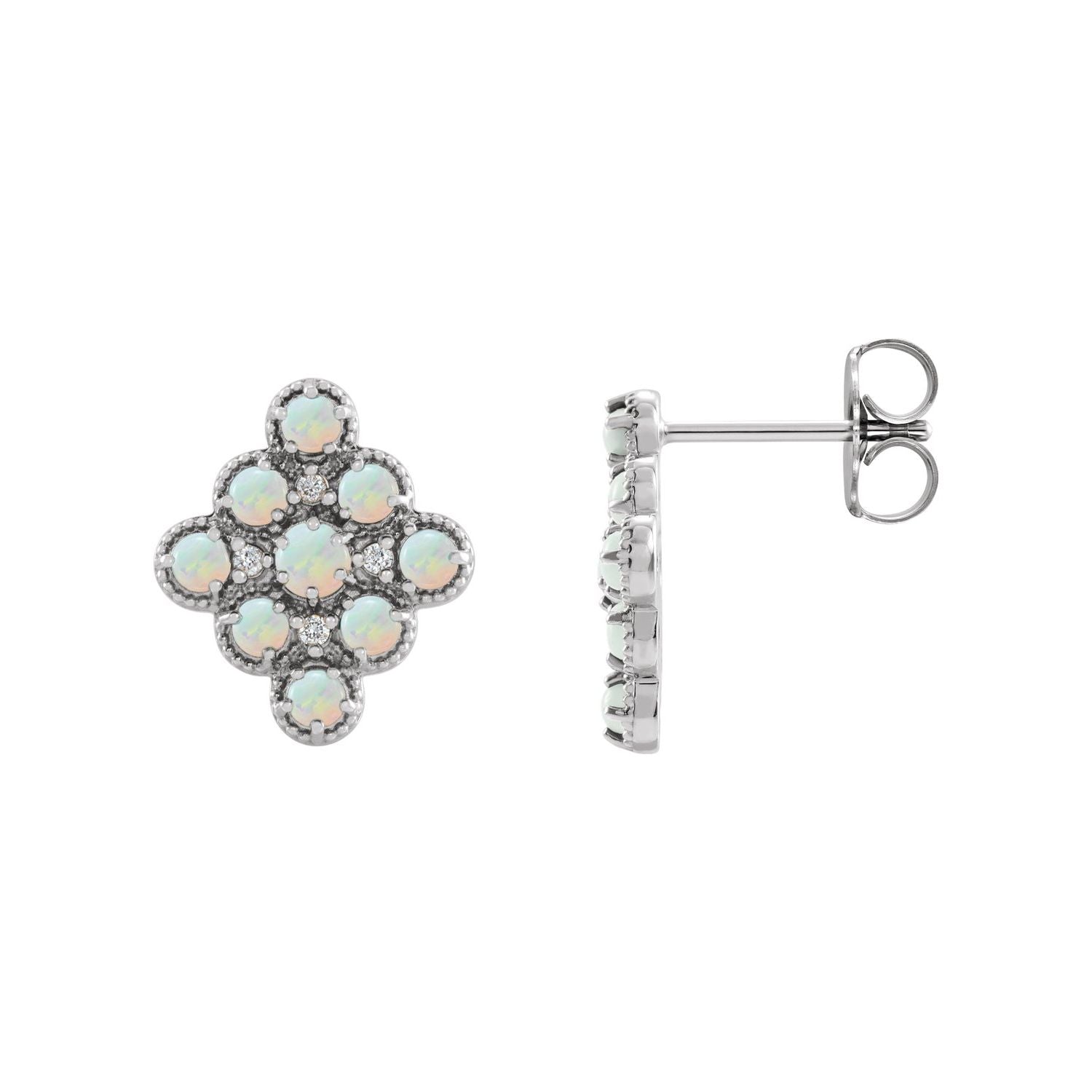 14K White Gold Ethiopian opal and diamond geometric cluster stud earrings
