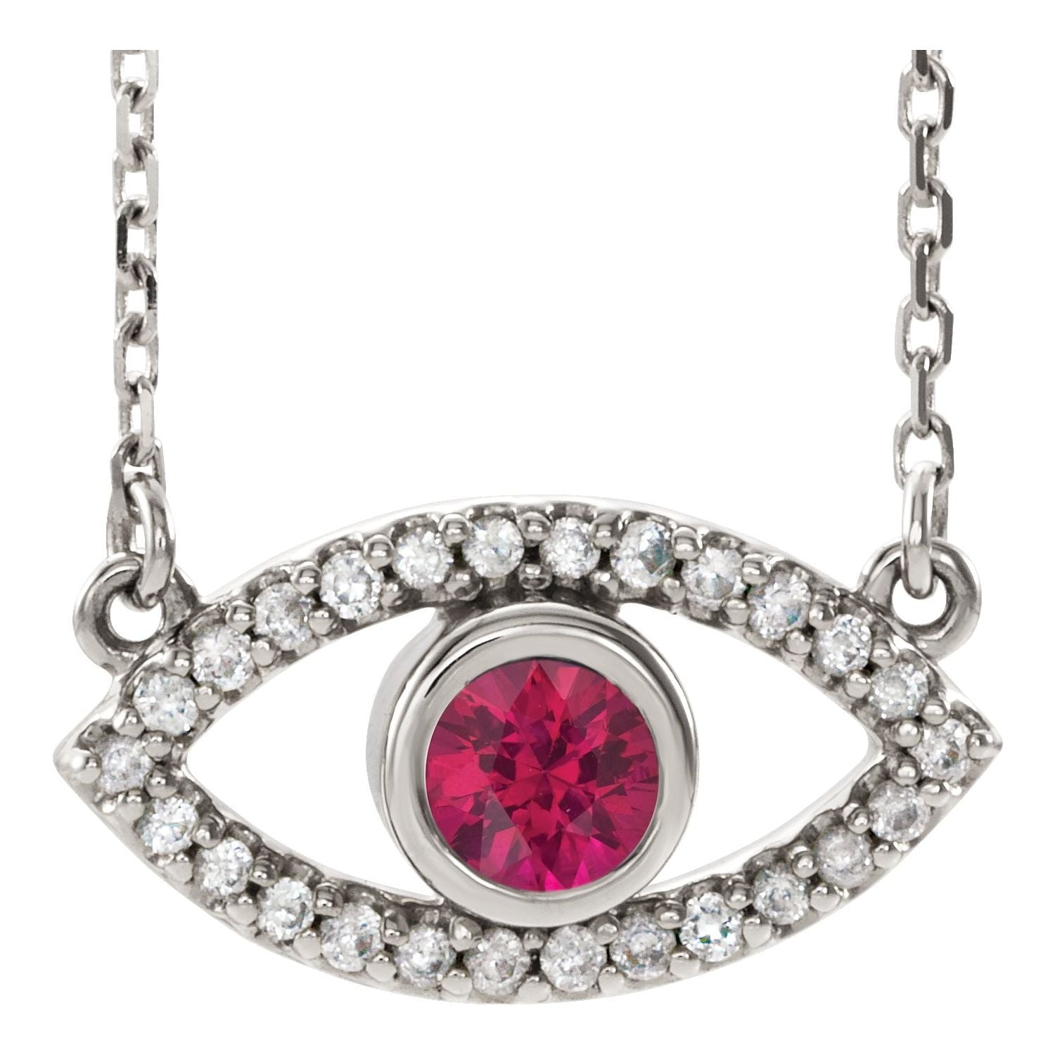14K White Gold evil eye ruby necklace with a 3.5 mm round natural ruby centre and pavé sapphire surround
