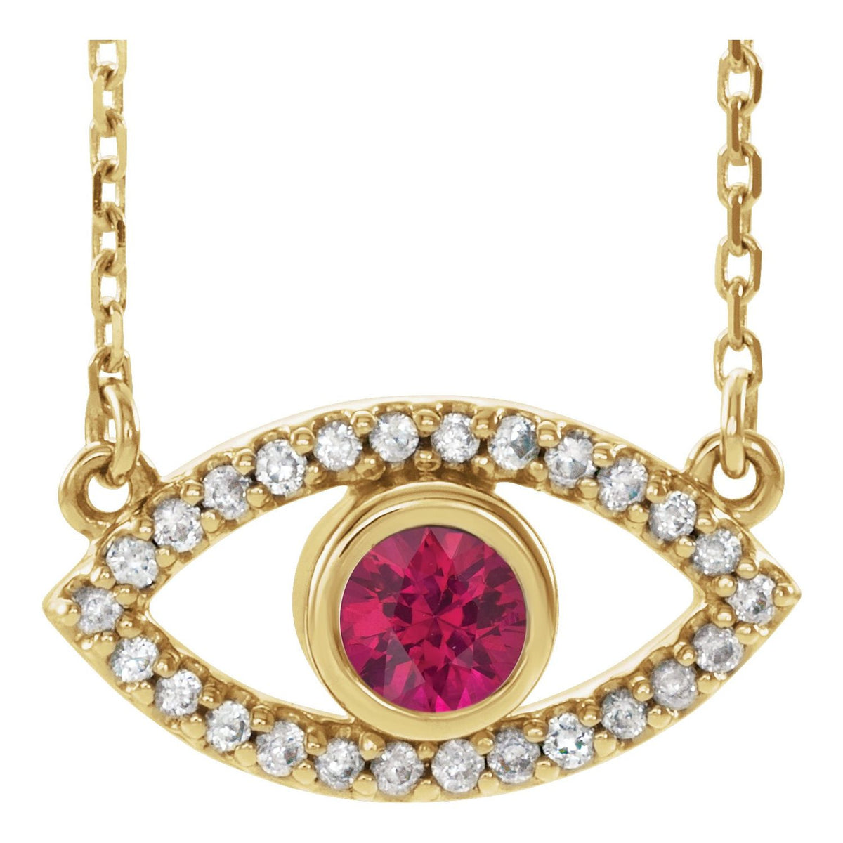 14K Yellow Gold evil eye ruby necklace with a 3.5 mm round natural ruby centre and pavé sapphire surround