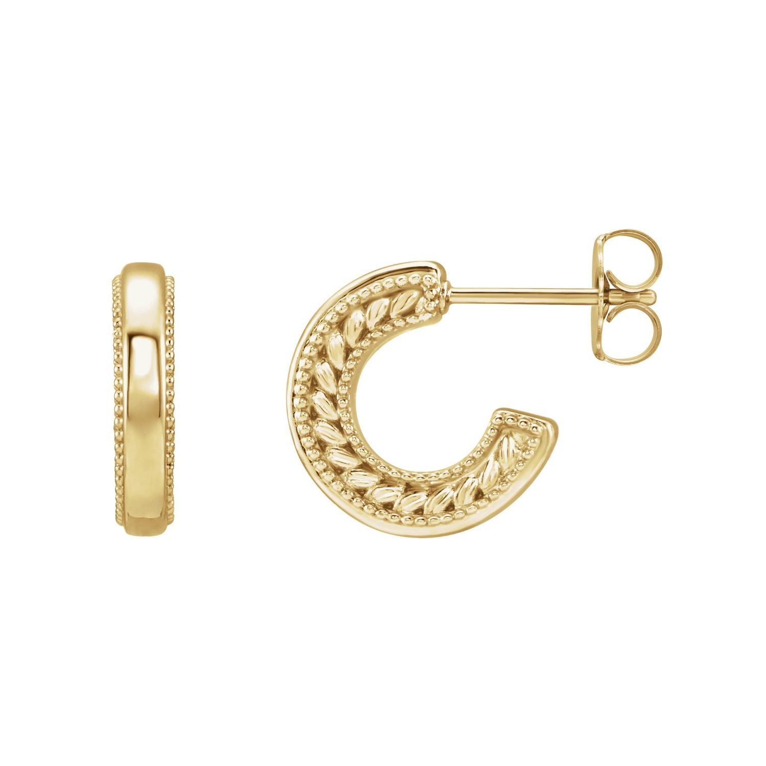 14K Yellow Gold Floral Milgrain 12.27–12.6 mm gold hoop earrings