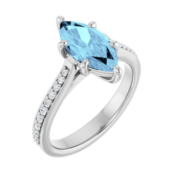 Marquise 2 ct French Pavé Solitaire Natural Aquamarine Engagement Ring in 14K White Gold