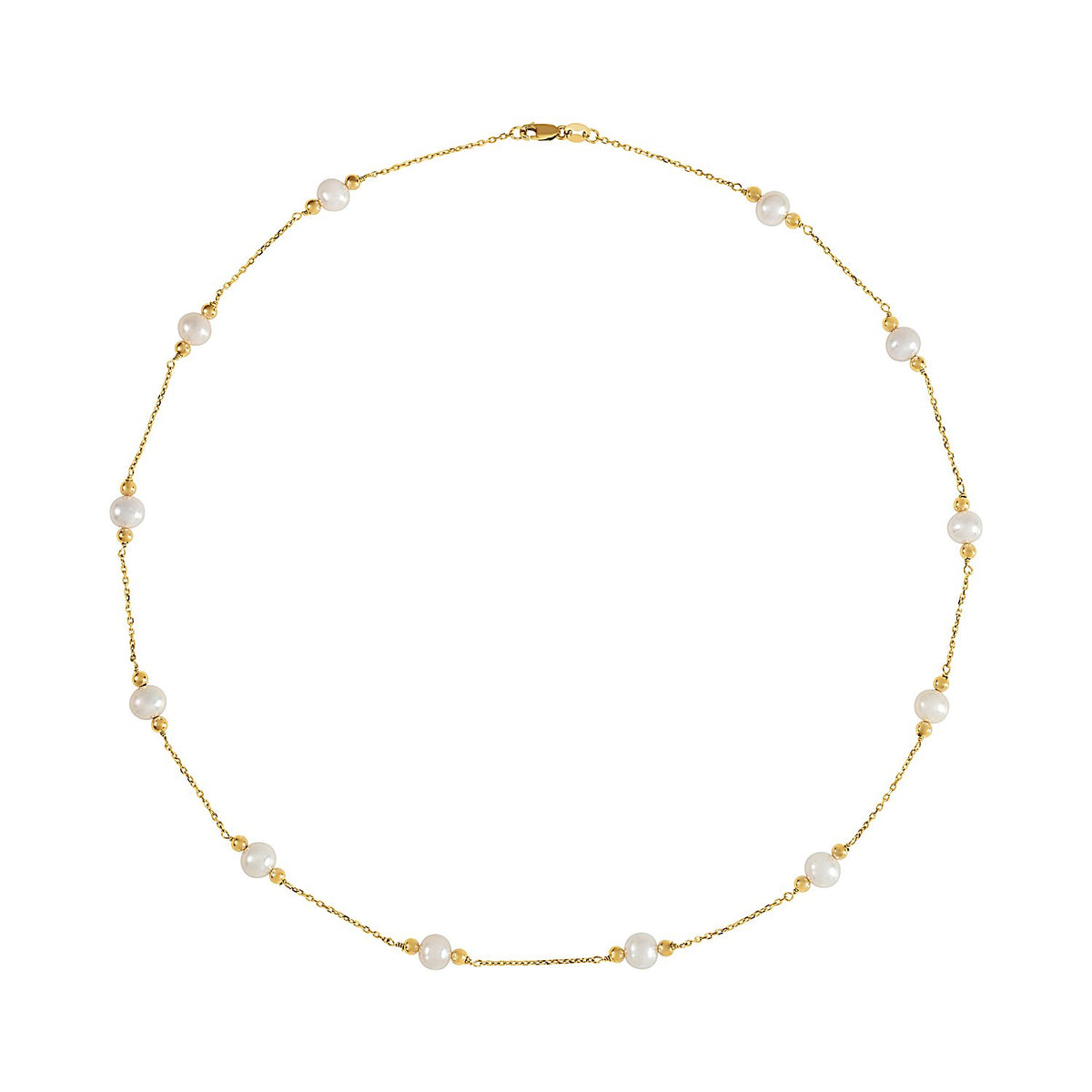 Freshwater Pearl & Gold Bead Station Necklace in 14K Yellow Gold, full length