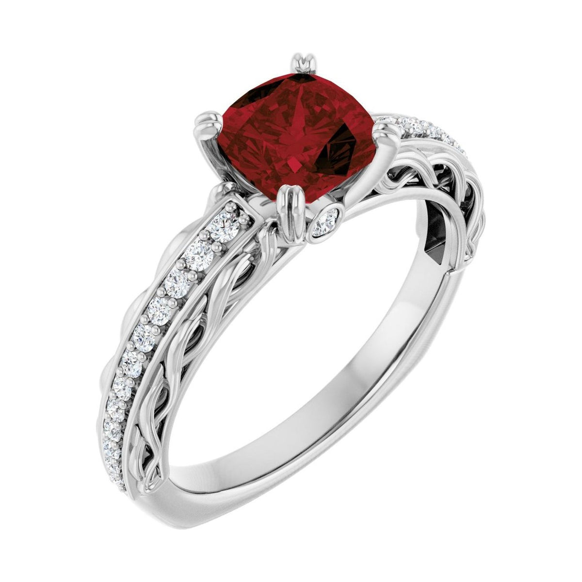 Cushion 1.5 ct garnet 14K White Gold twisted vine solitaire engagement ring