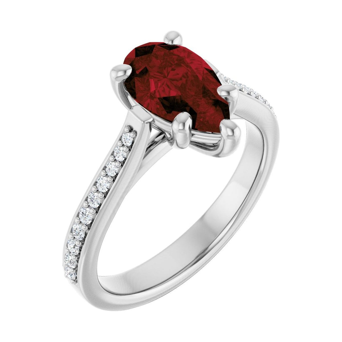 Pear 1 ct garnet 14K White Gold french pavé solitaire engagement ring