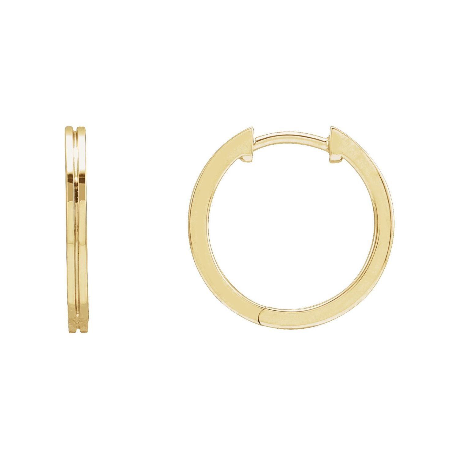 14K Yellow Gold Grooved Huggie 15 mm hinged gold hoop earrings