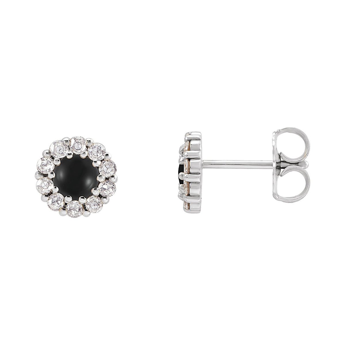 Halo Black Onyx Stud Earrings in 14K White Gold