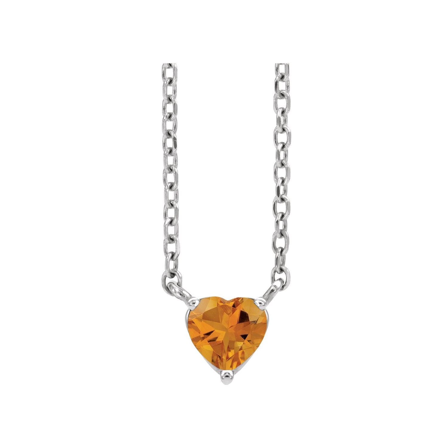 14K White Gold citrine heart necklace on a fine cable chain