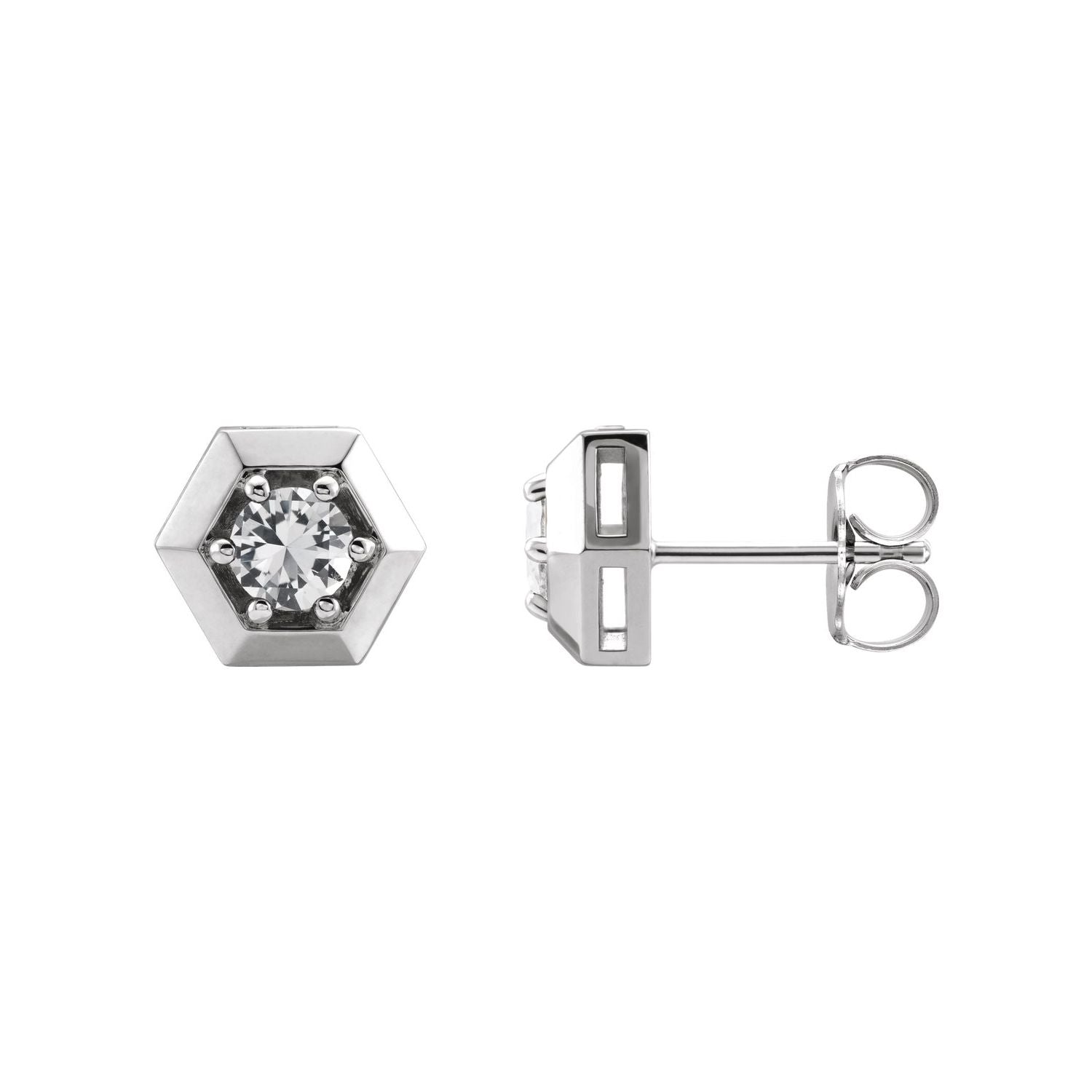 14K White Gold hexagonal six-prong frame 4 mm white sapphire stud earrings