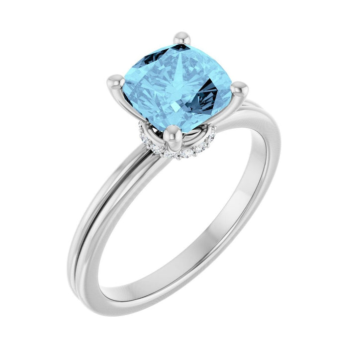 Cushion 1 ct Hidden-Accent Solitaire Natural Aquamarine Engagement Ring in 14K White Gold