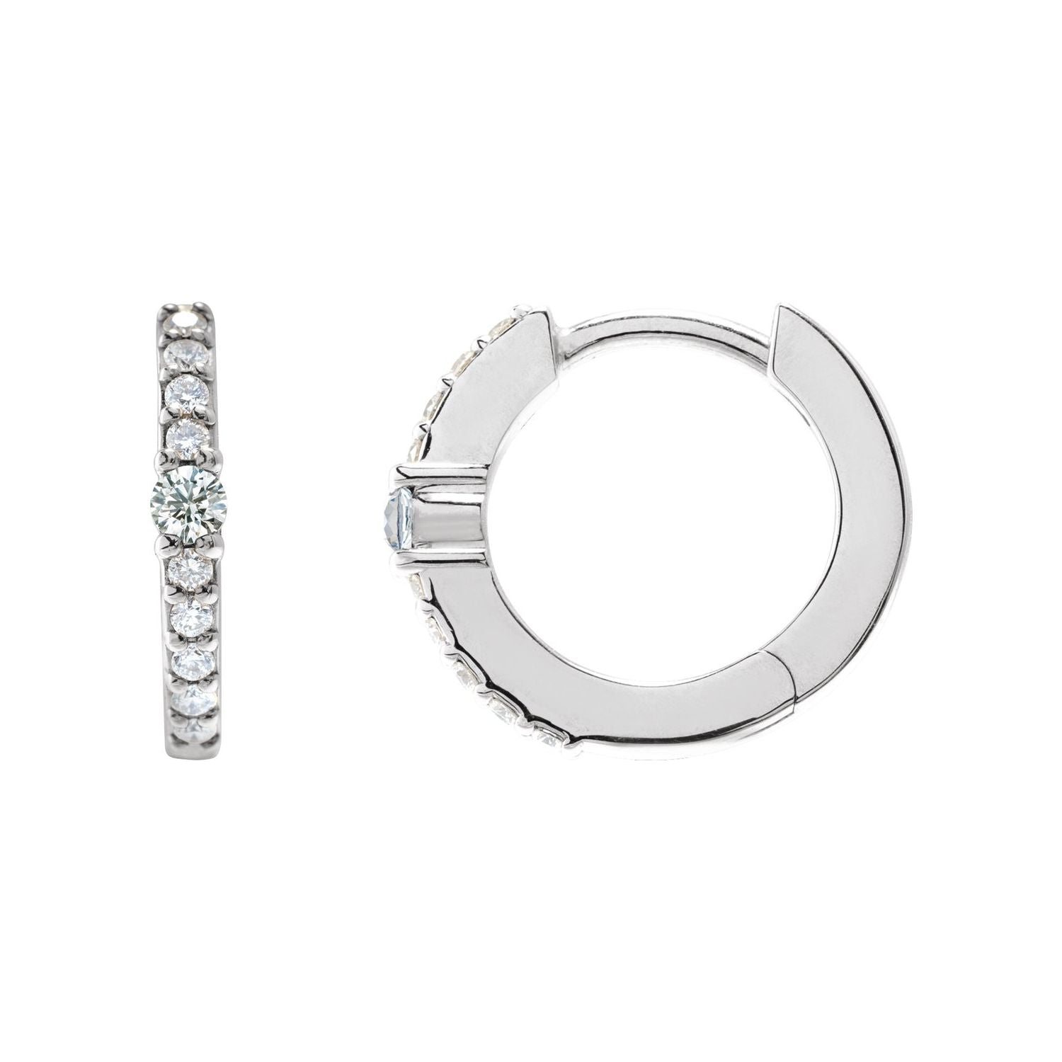 14K White Gold 13.6 mm hinged 1/8 ct diamond white sapphire huggie hoop earrings