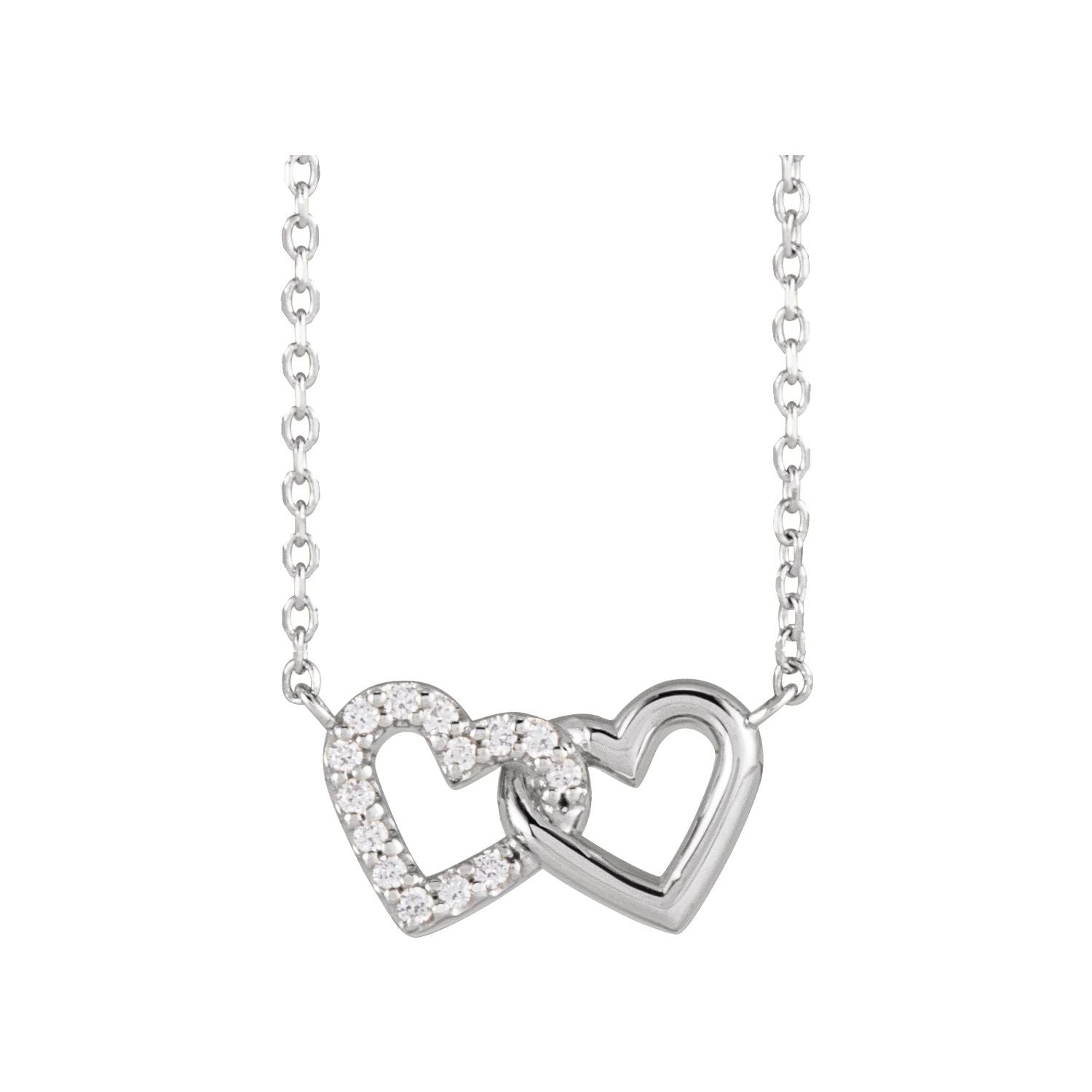 14K White Gold Interlocking Hearts Diamond Necklace on an adjustable 16 to 18 inch cable chain