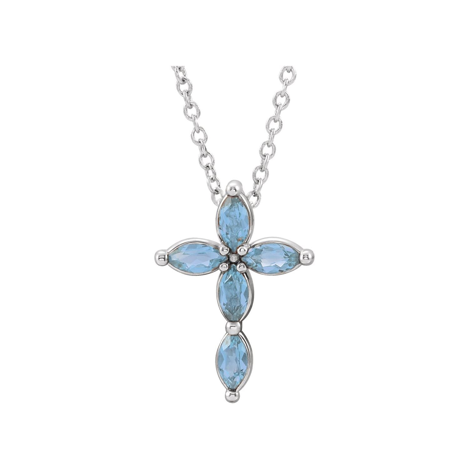 Marquise Aquamarine Cross Necklace in 14K White Gold on a 16 to 18 inch adjustable gold cable chain