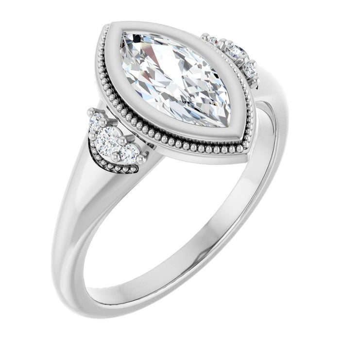 Marquise Lab-Grown Diamond Cluster-Shoulder Milgrain Bezel engagement ring in 14K White Gold, shown with a 1.00 ct center
