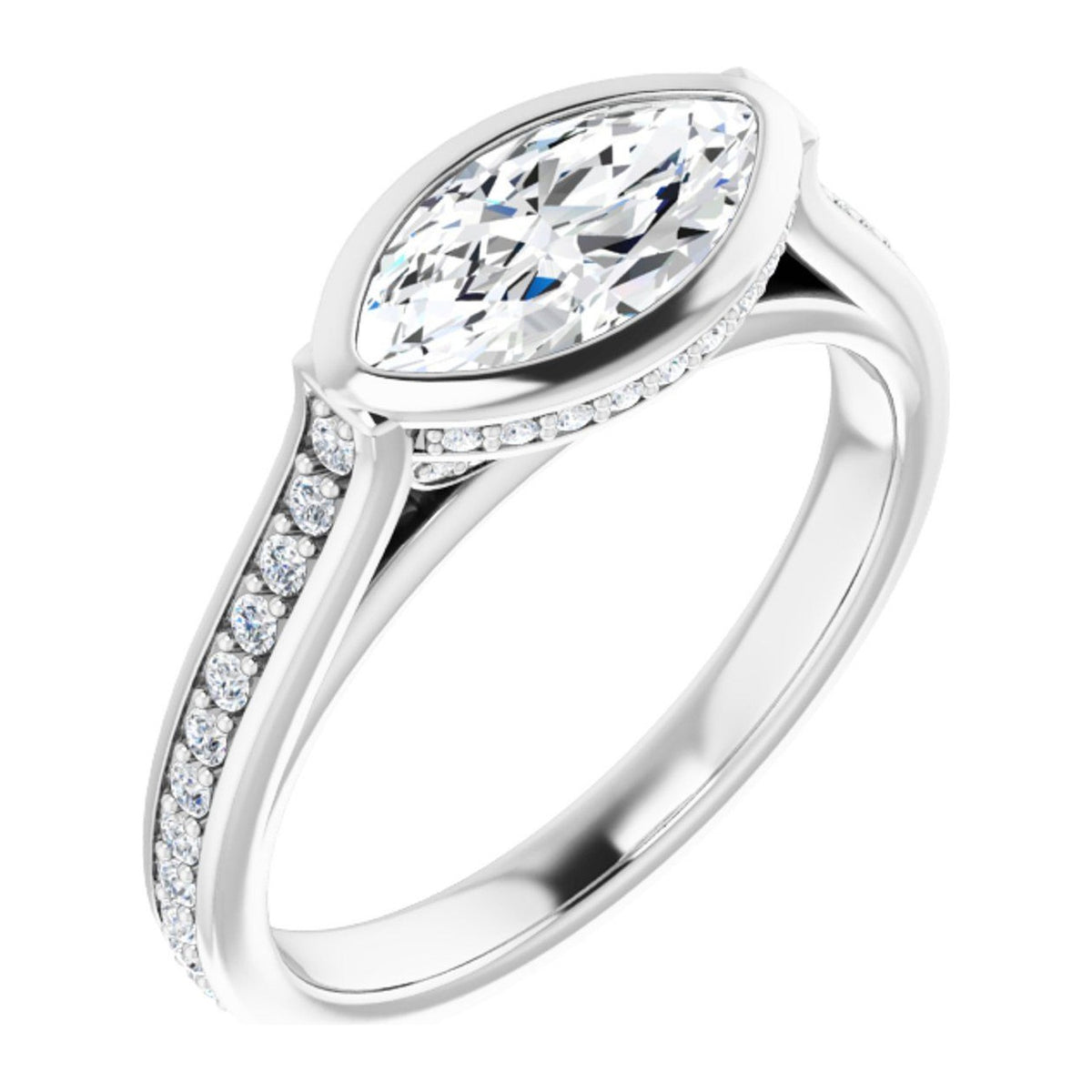 Marquise Lab-Grown Diamond East-West Bezel Pavé Cathedral engagement ring in 14K White Gold, shown with a 1.00 ct center