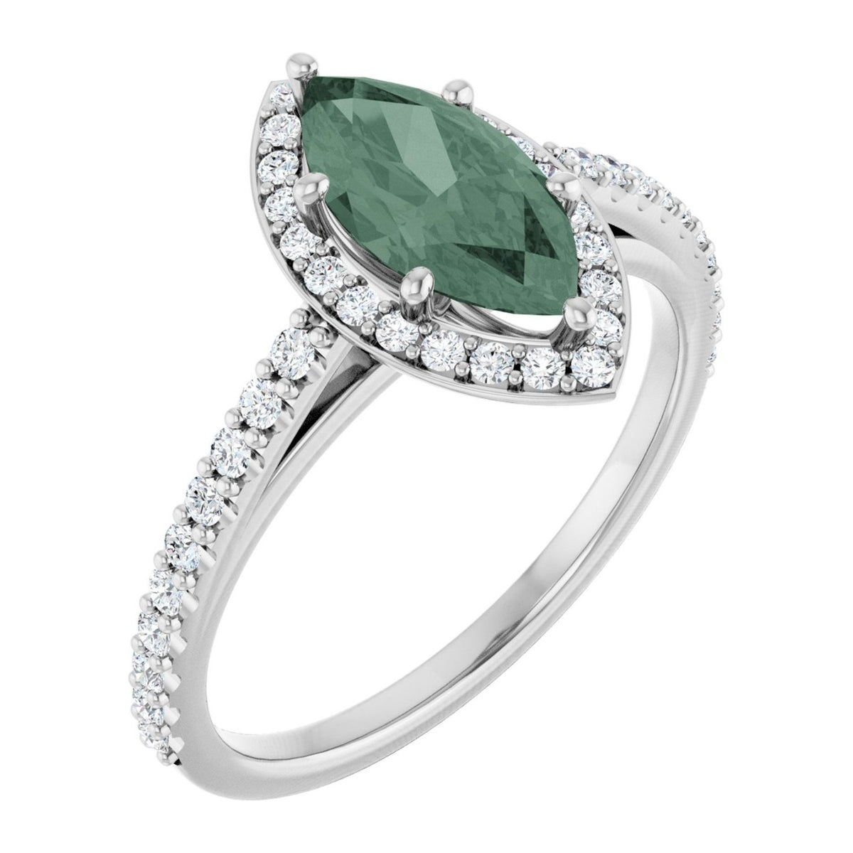 Marquise lab-grown green sapphire pavé halo engagement ring in 14K White Gold, shown with a 10 x 5 mm center