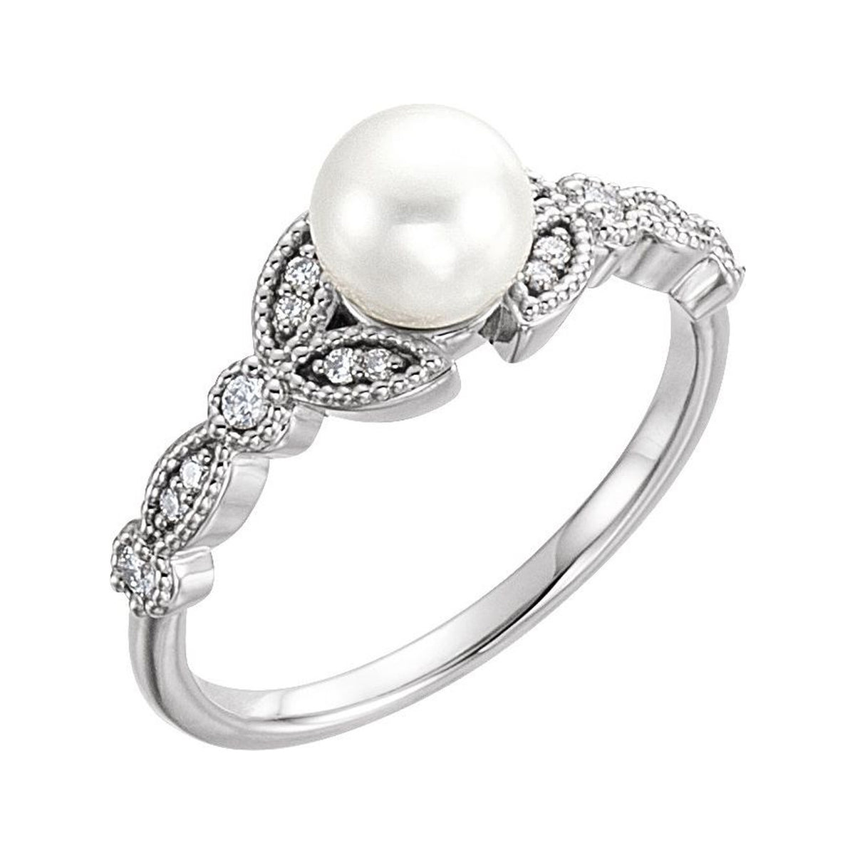 14K White Gold Marquise Leaf Pearl Ring with a cultured freshwater pearl, natural diamond accents