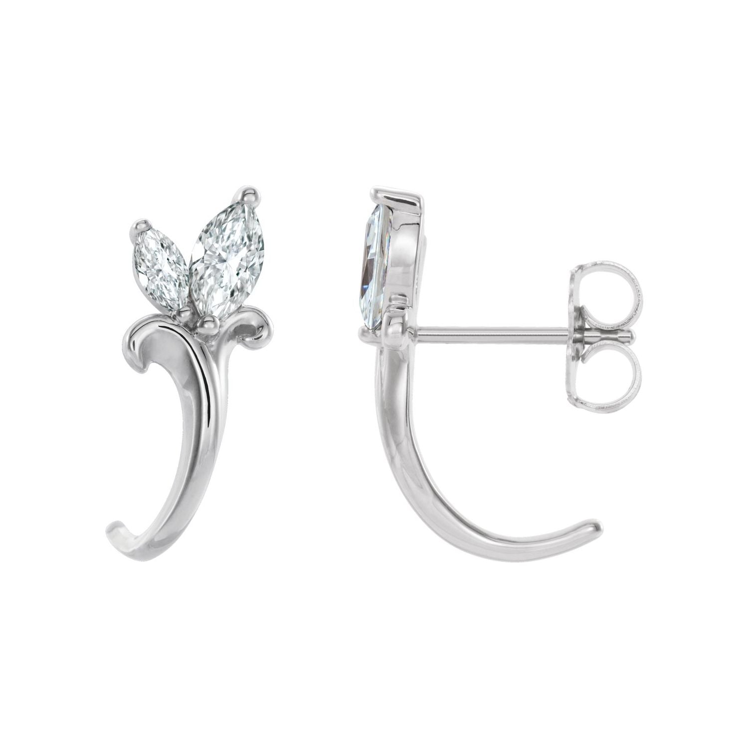 14K White Gold floral two-stone marquise white sapphire J-hoop earrings