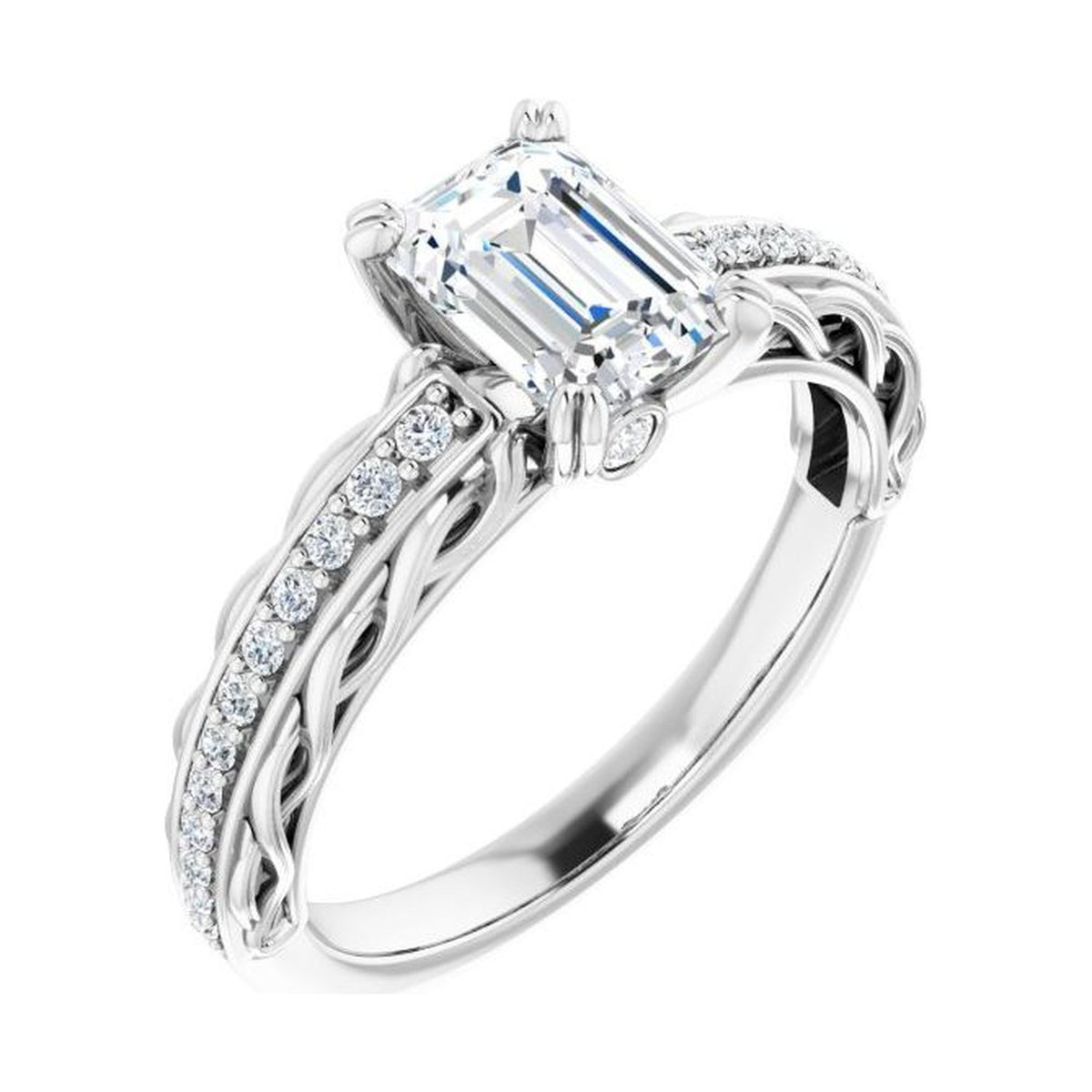 Emerald 1 ct moissanite 14K White Gold twisted vine solitaire moissanite engagement ring