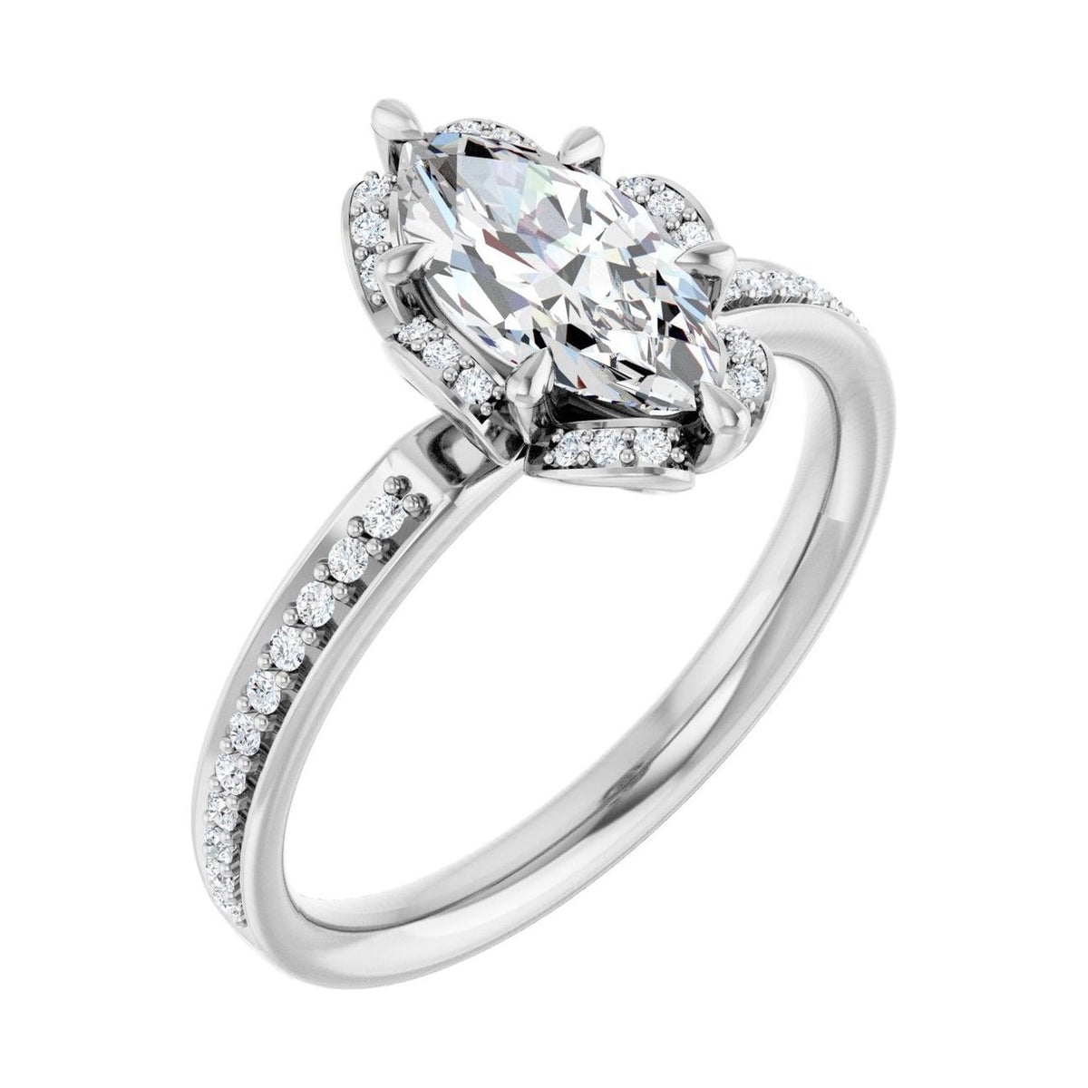 Marquise 1 ct moissanite 14K White Gold petite pavé halo moissanite engagement ring