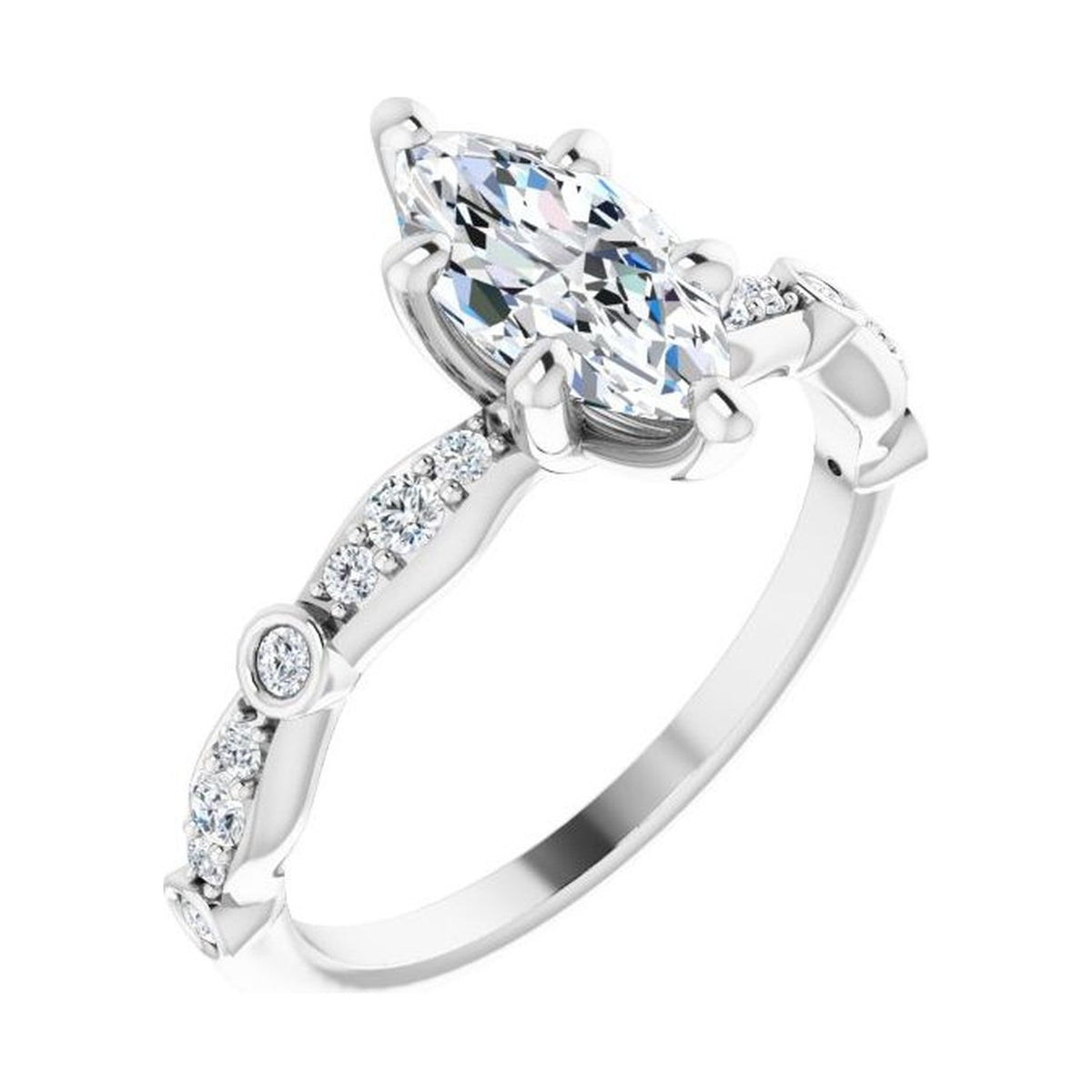 Marquise 1 ct moissanite 14K White Gold petite vintage milgrain moissanite engagement ring