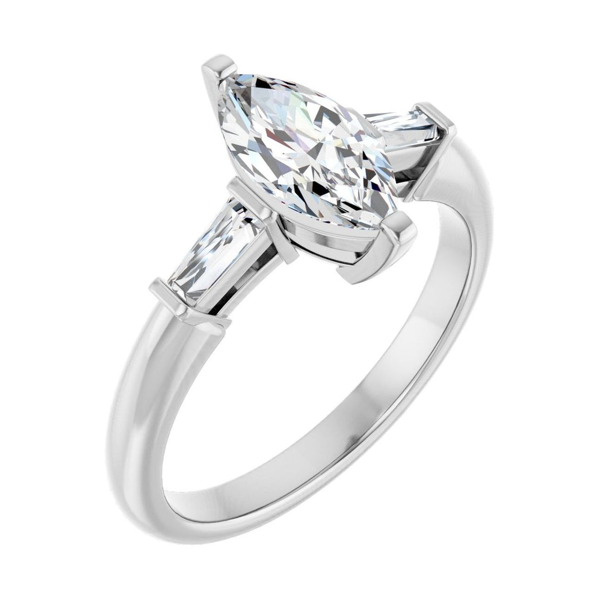 Marquise 1 ct moissanite 14K White Gold tapered baguette three-stone moissanite engagement ring