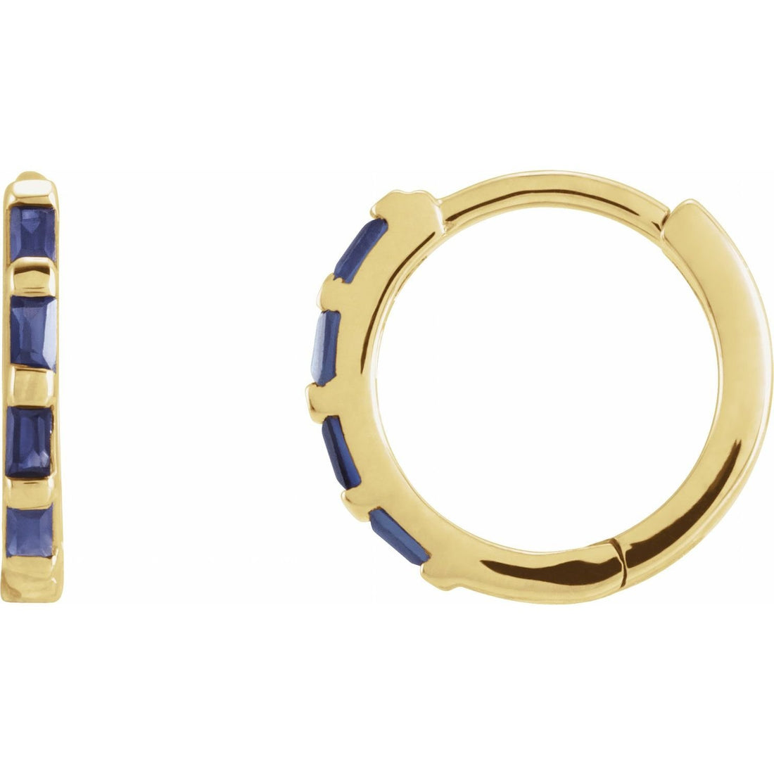 natural blue sapphire baguette huggie earrings in 14k Yellow Gold
