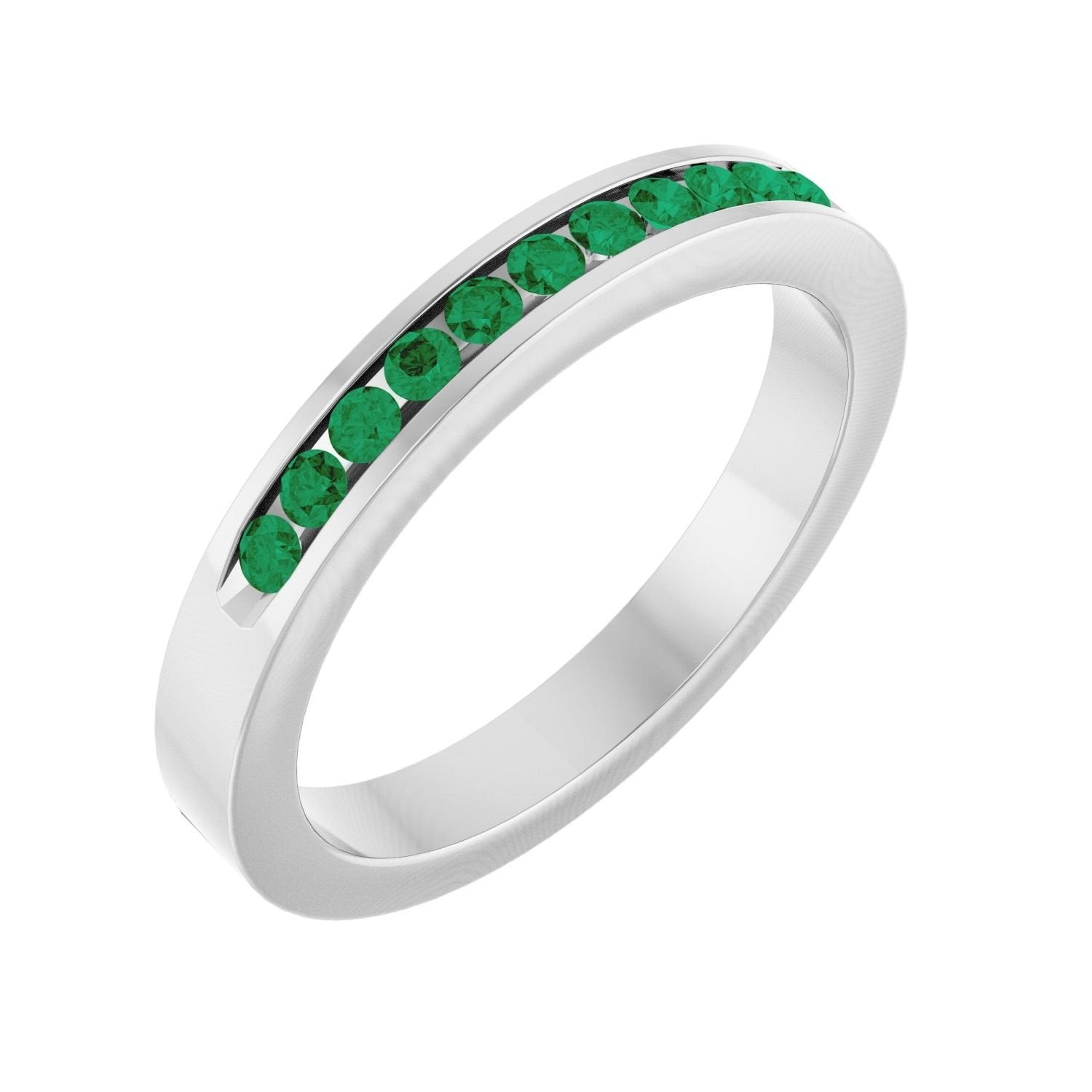 natural emerald anniversary band in 14k White Gold