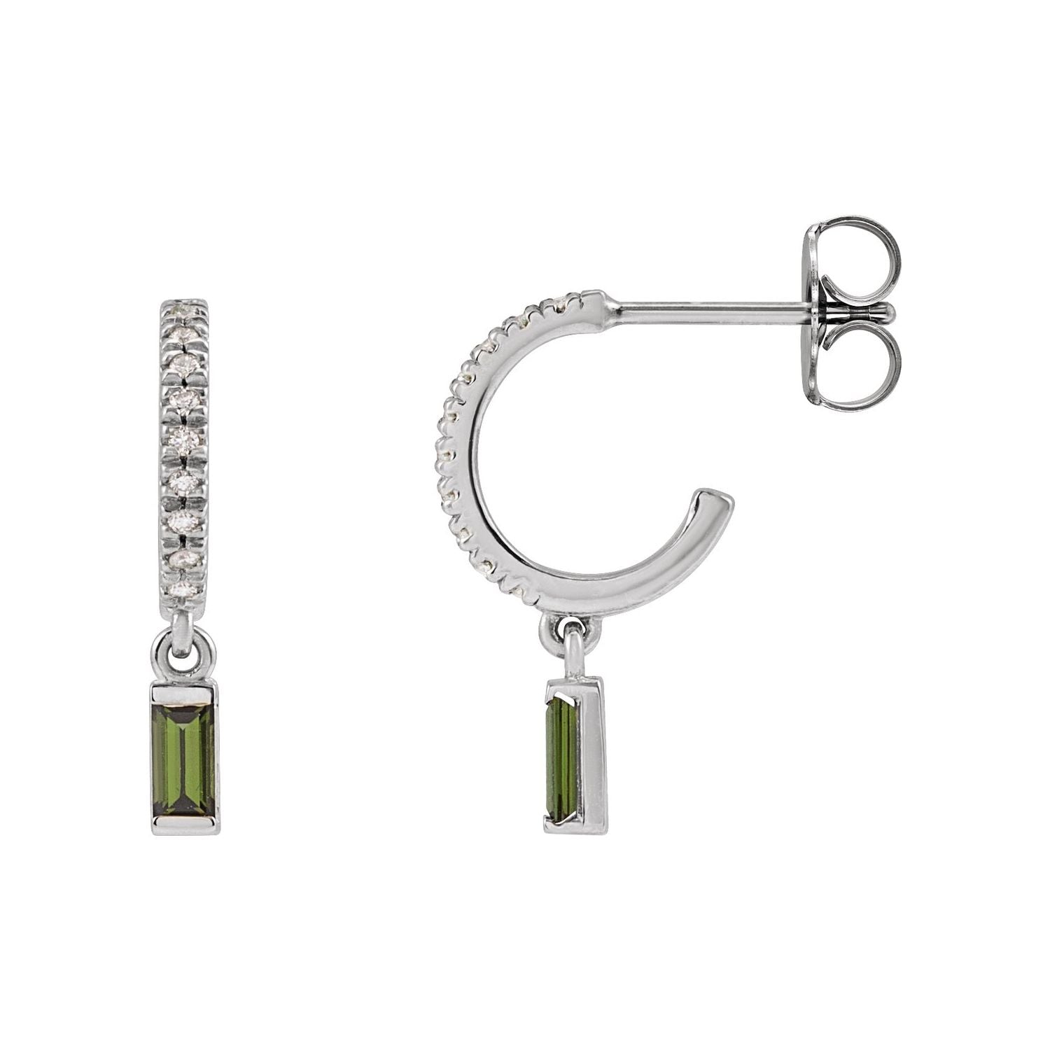 14K White Gold natural green tourmaline french-set hoop earrings