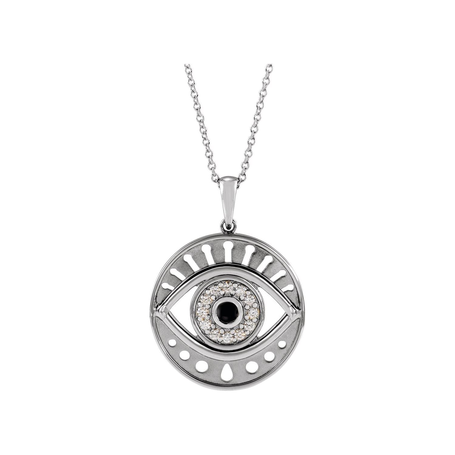 14K White Gold Onyx & Diamond Evil Eye Necklace
