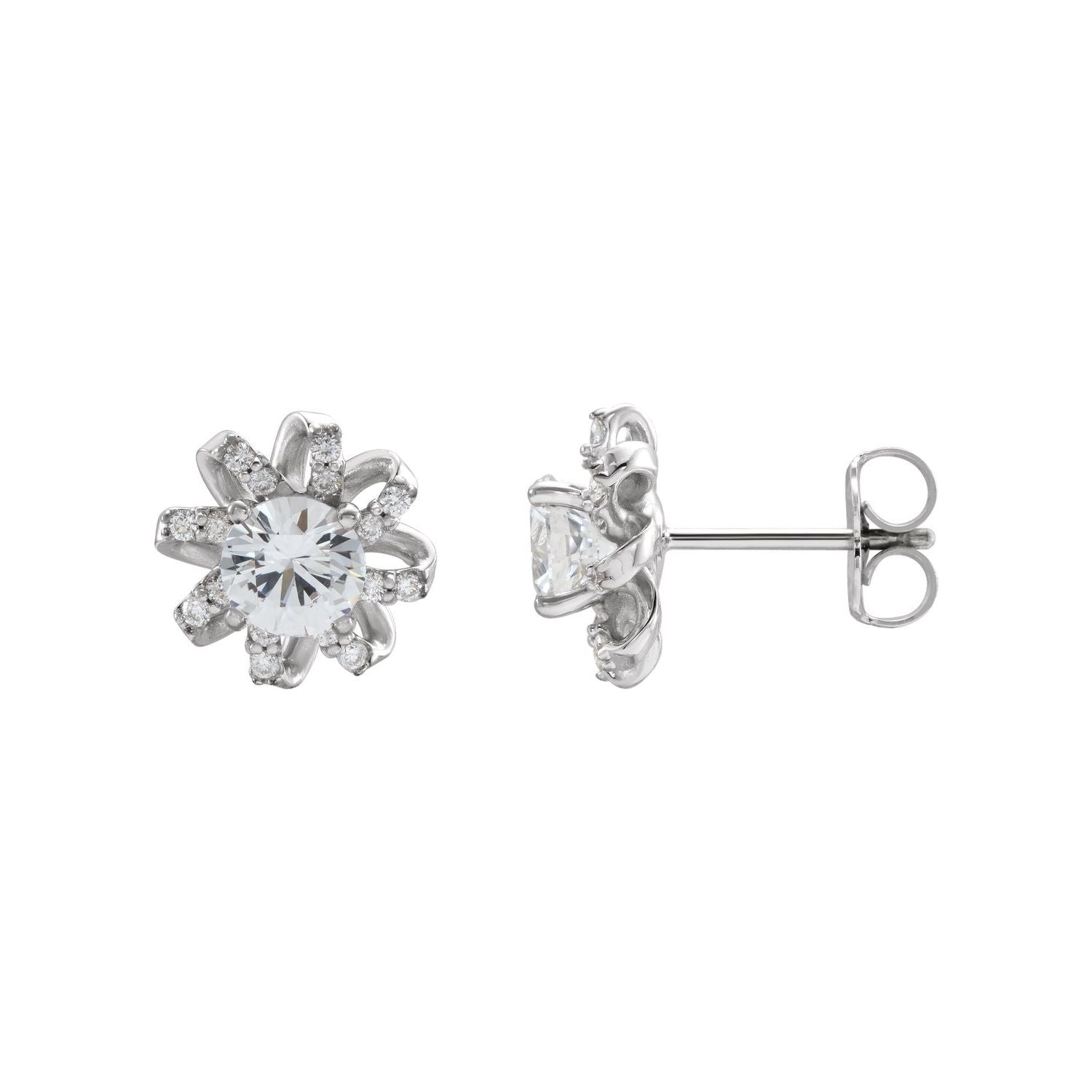 14K White Gold open-spoke sixteen-diamond halo 5 mm white sapphire stud earrings