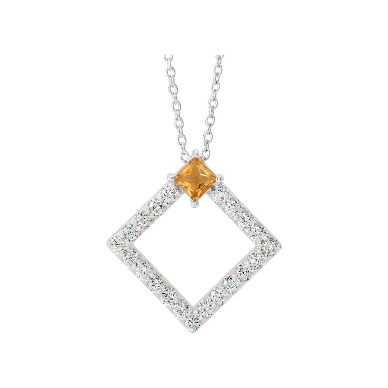 14K White Gold citrine and diamond open square pendant necklace