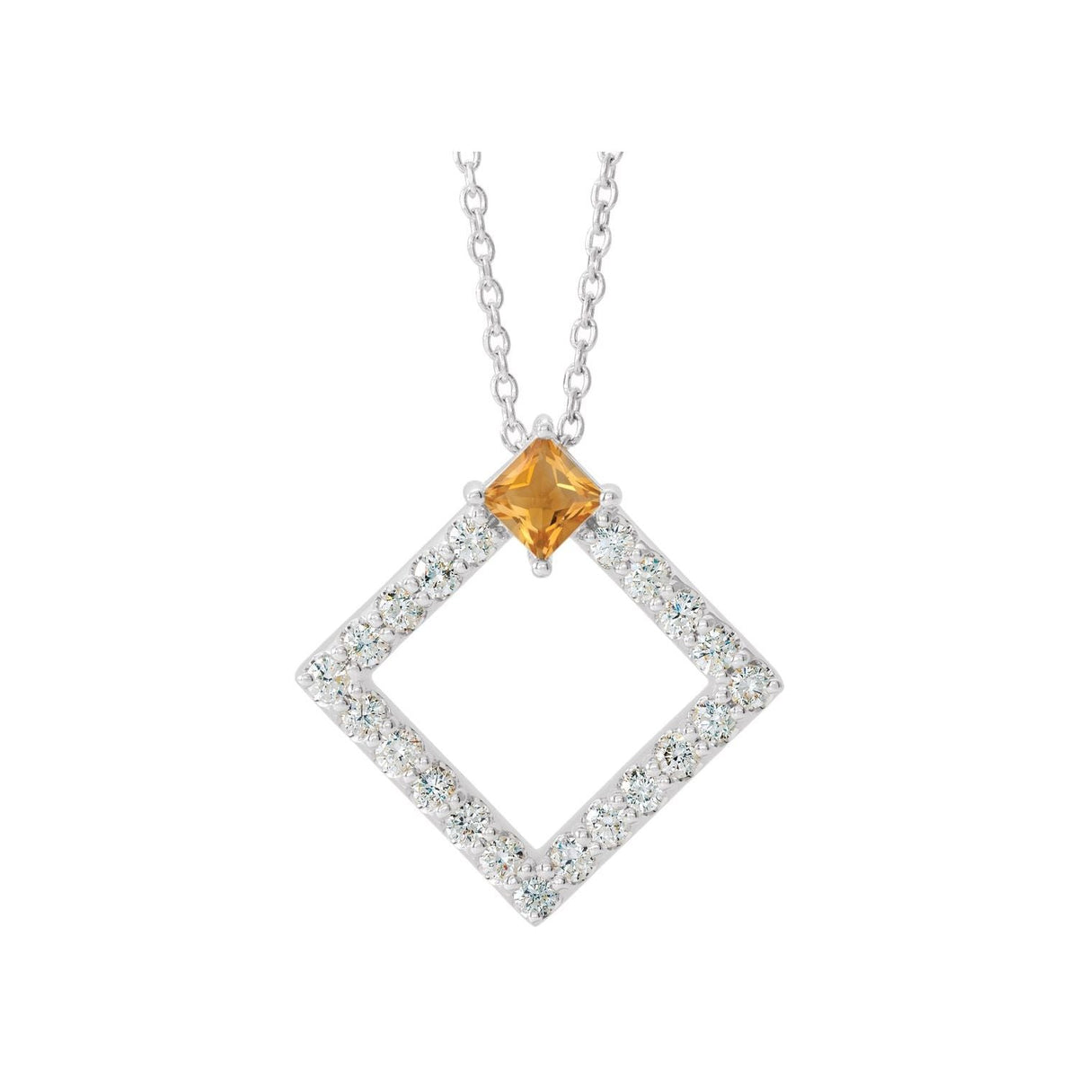 Open Square Citrine Pendant with Diamonds in 14K White Gold
