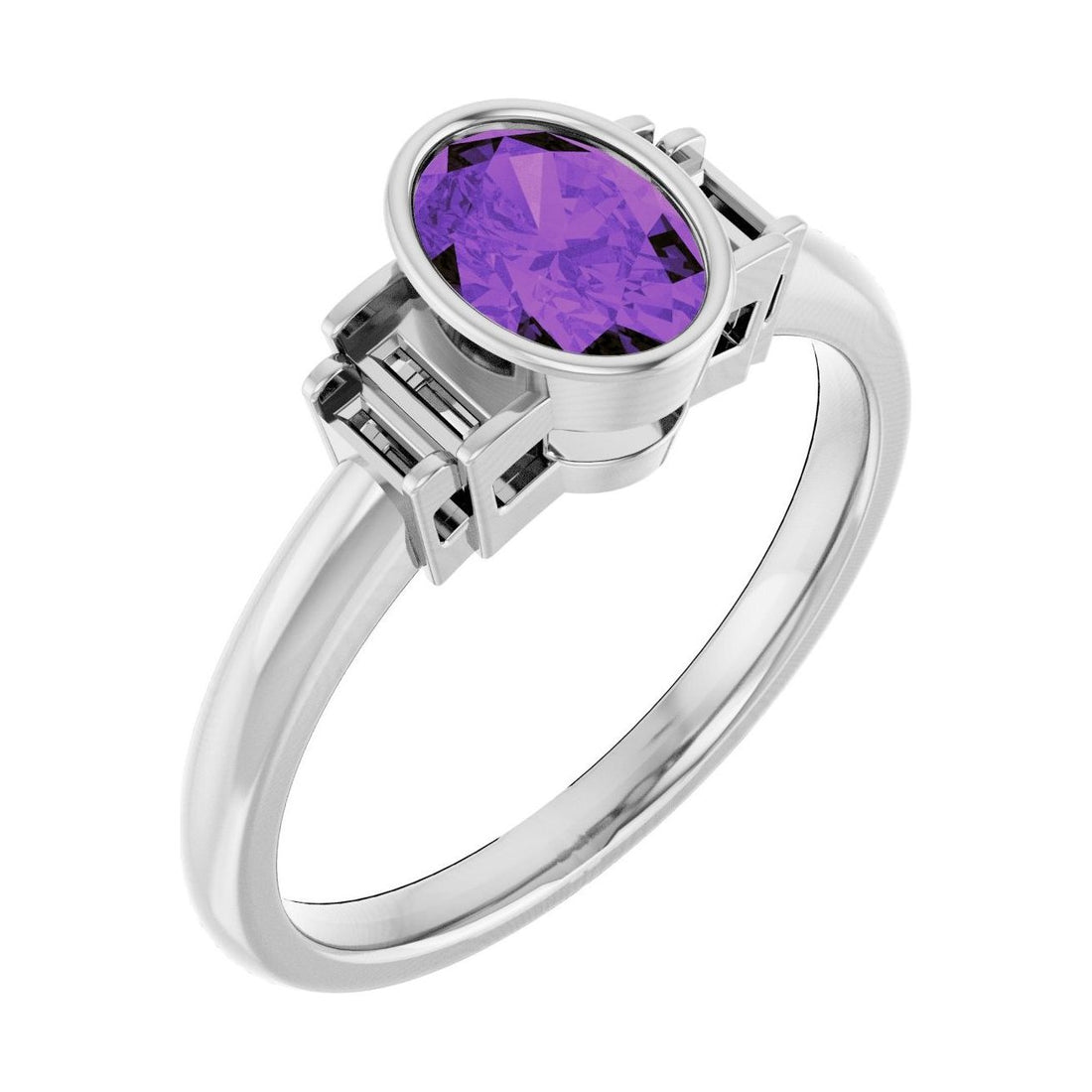 Oval Amethyst Bezel-Set Engagement Ring in 14K White Gold with 1.0 ct oval diamond