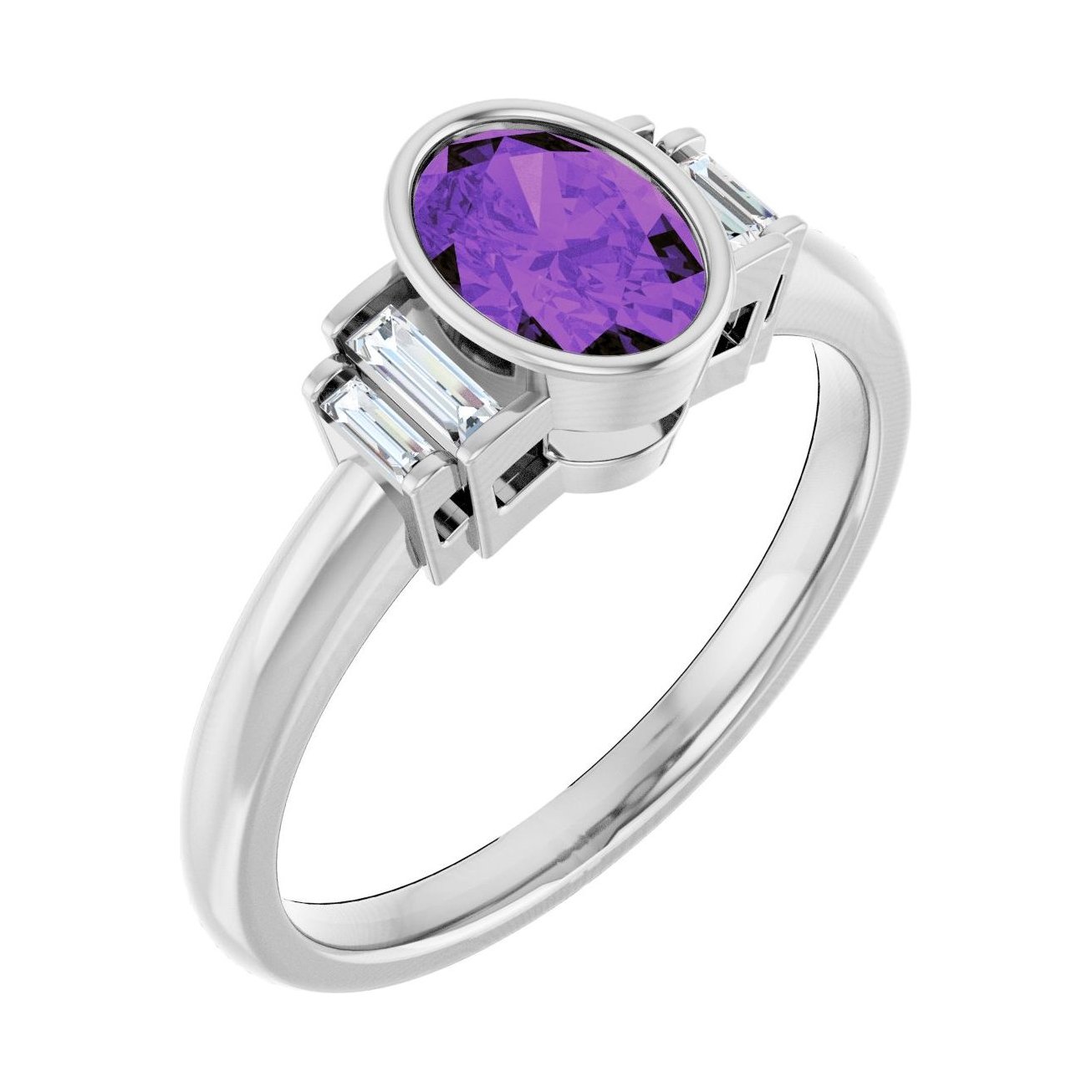 Oval Amethyst Bezel-Set Engagement Ring in 14K White Gold with 1.0 ct oval diamond