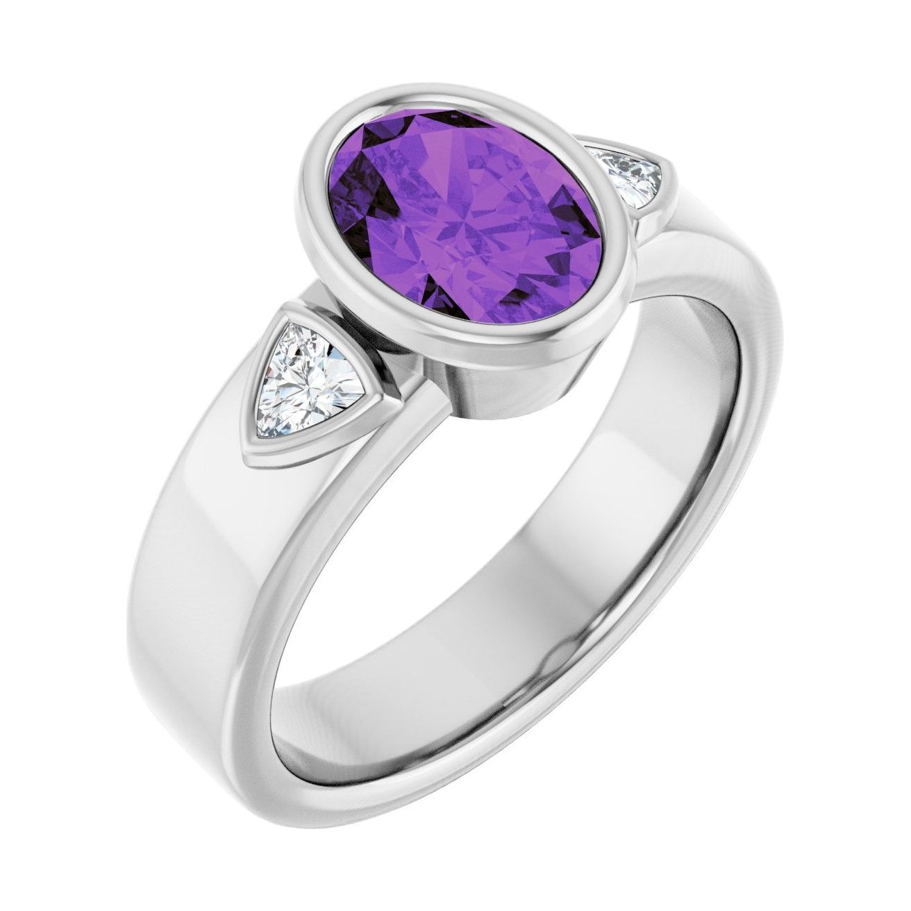 Oval Amethyst Bezel-Set Engagement Ring in 14K White Gold with 1.5 ct oval diamond