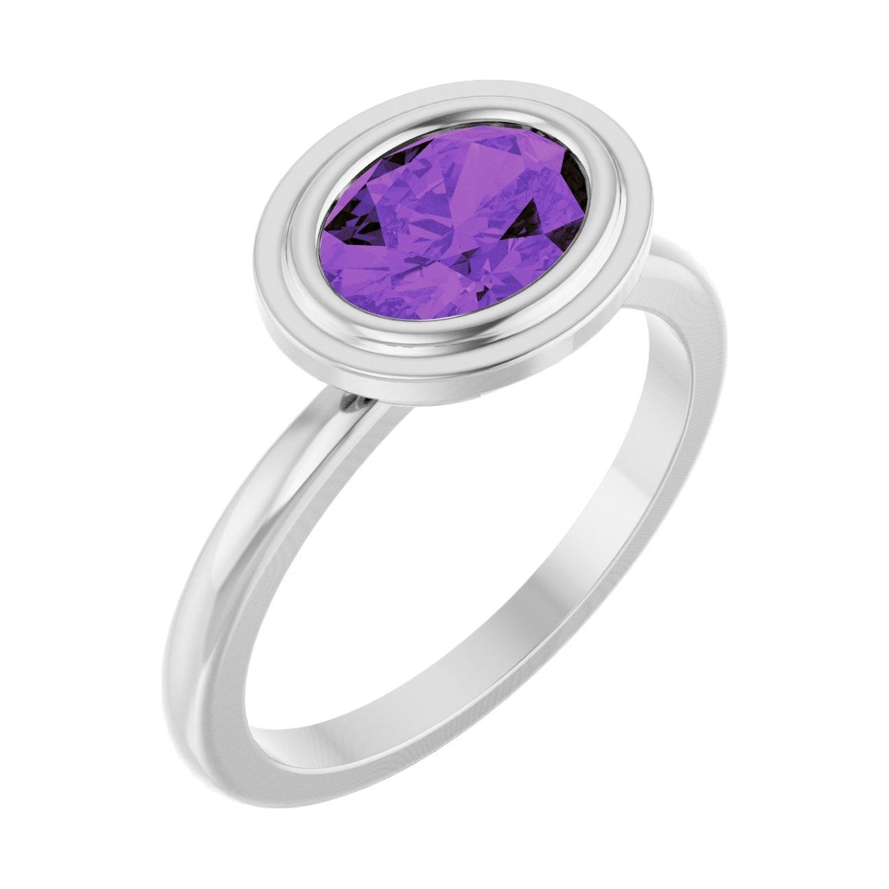 Oval Amethyst Bezel-Set Engagement Ring in 14K White Gold with 1.5 ct oval diamond