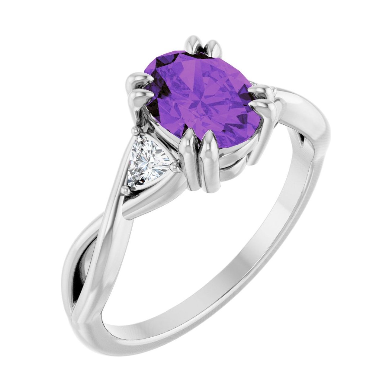 Oval Amethyst Double Claw-Prong Three-Stone Engagement Ring in 14K White Gold with 1.5 ct oval diamond