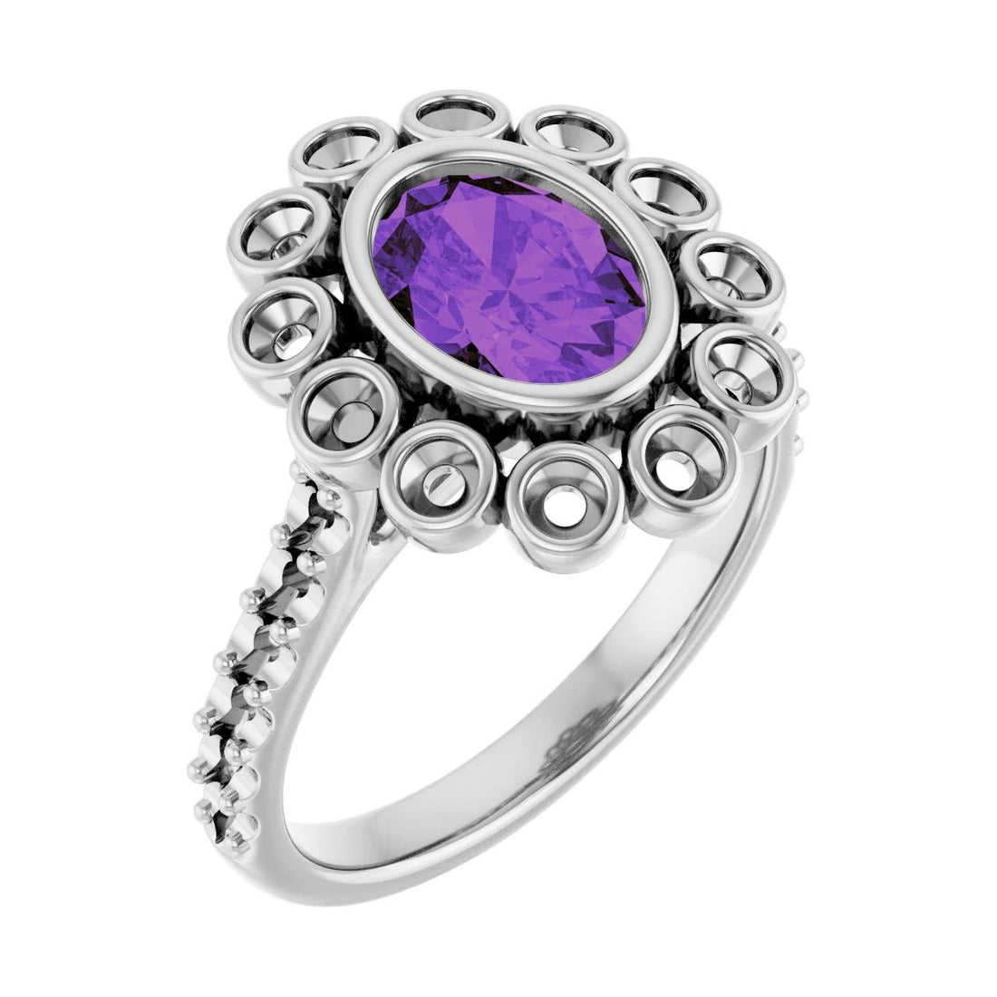 Oval Amethyst Halo-Accented Bezel-Set Engagement Ring in 14K White Gold with 1.5 ct oval diamond