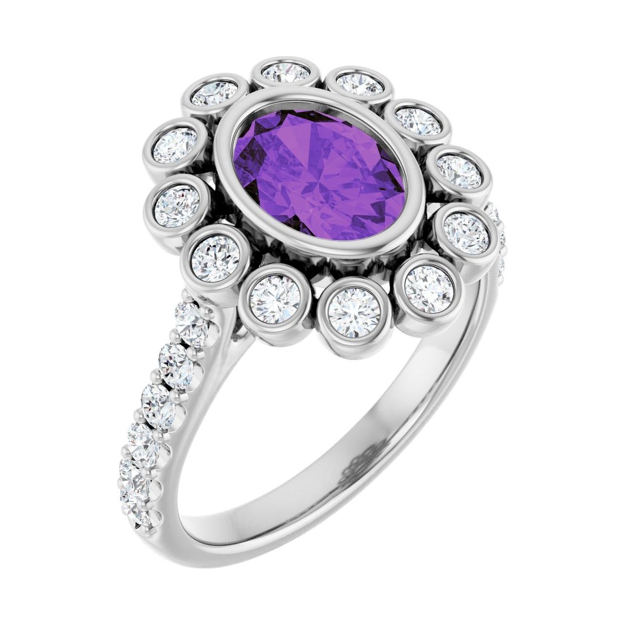 Oval Amethyst Halo-Accented Bezel-Set Engagement Ring in 14K White Gold with 1.5 ct oval diamond