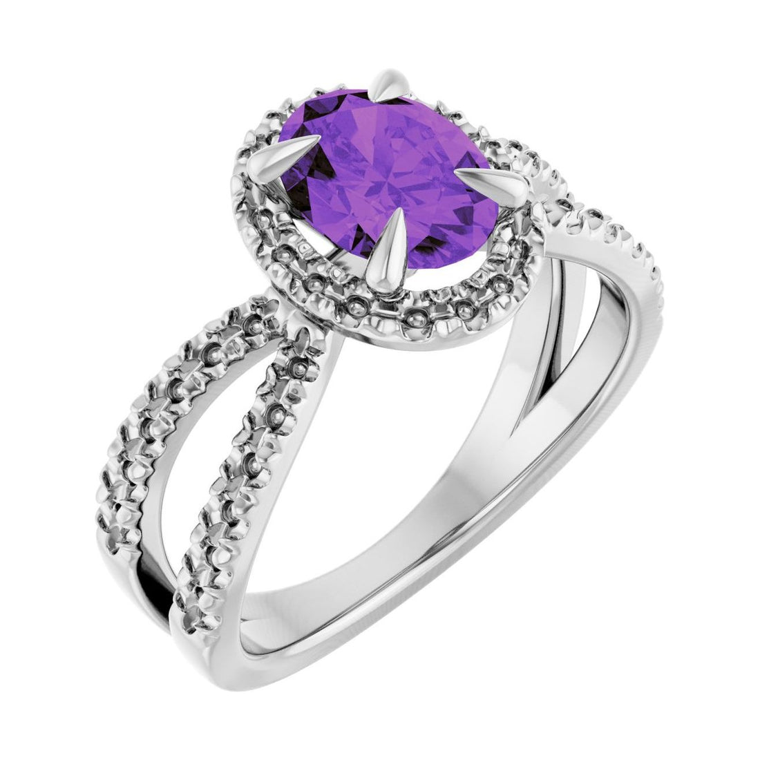 Oval Amethyst Halo Engagement Ring in 14K White Gold with 1.5 ct oval diamond