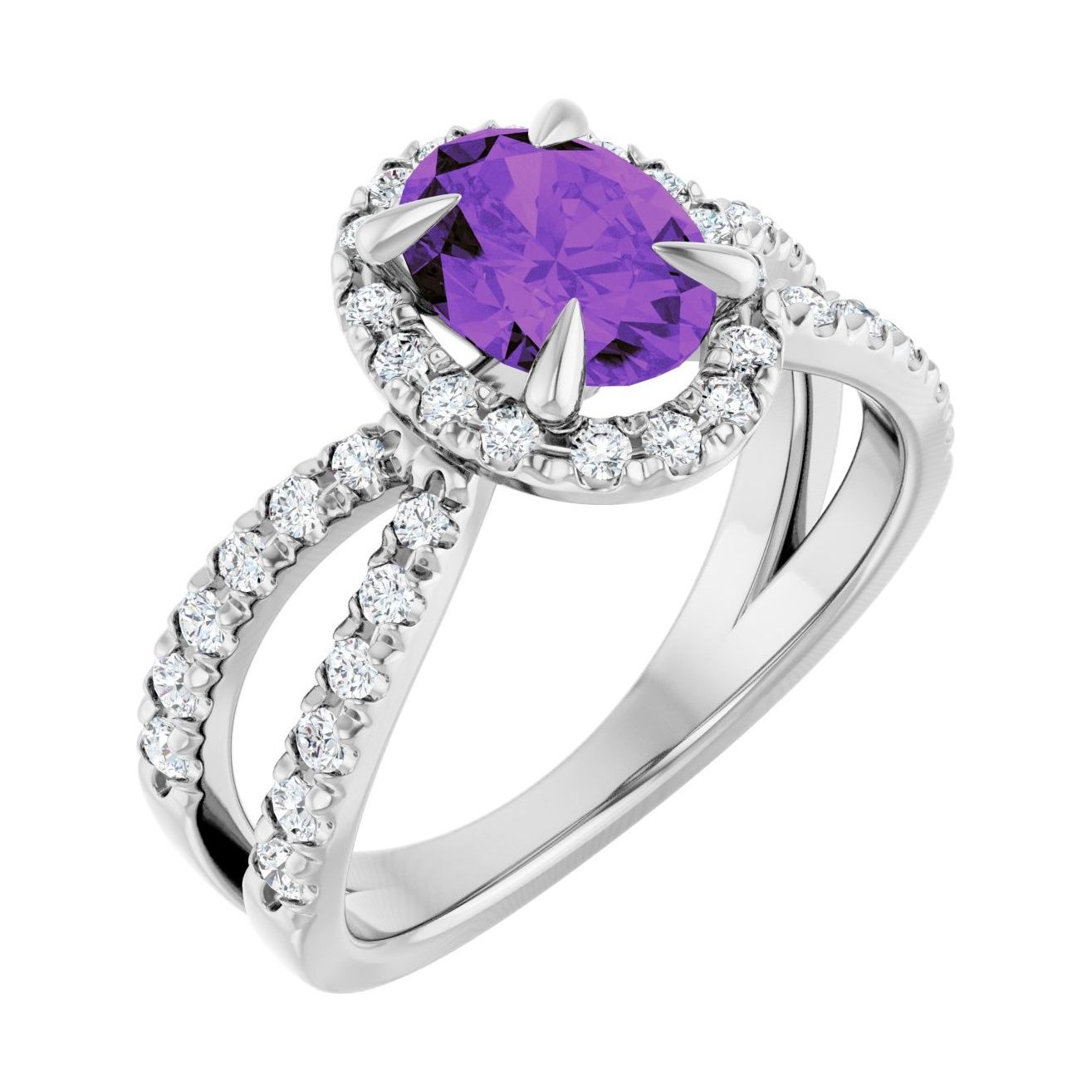 Oval Amethyst Halo Engagement Ring in 14K White Gold with 1.5 ct oval diamond