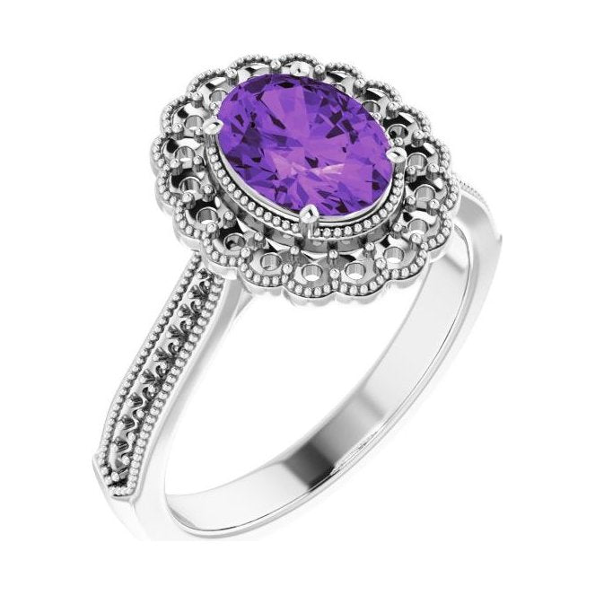 Oval Amethyst Halo Engagement Ring in 14K White Gold with 1.5 ct oval diamond