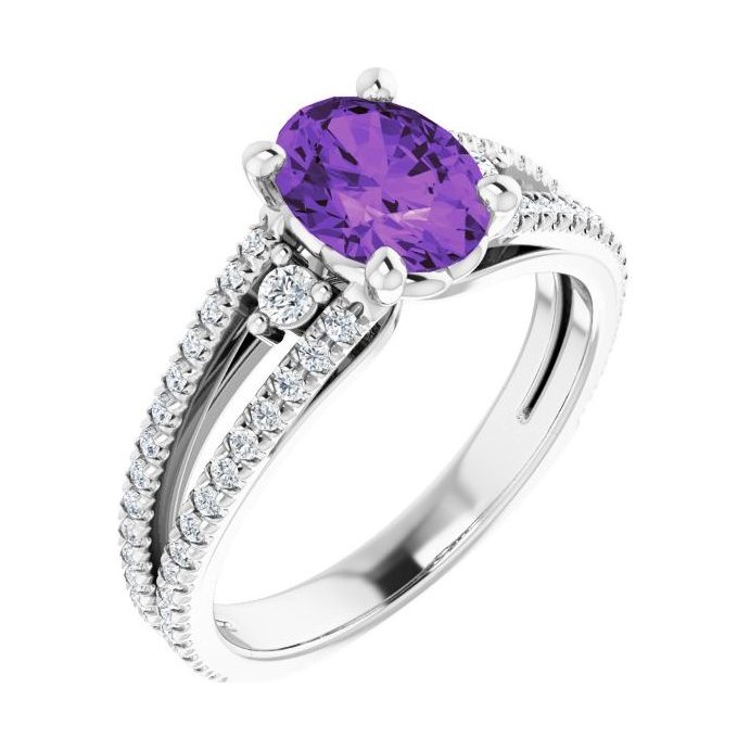 Oval Amethyst Pavé Engagement Ring in 14K White Gold with 1.5 ct oval diamond