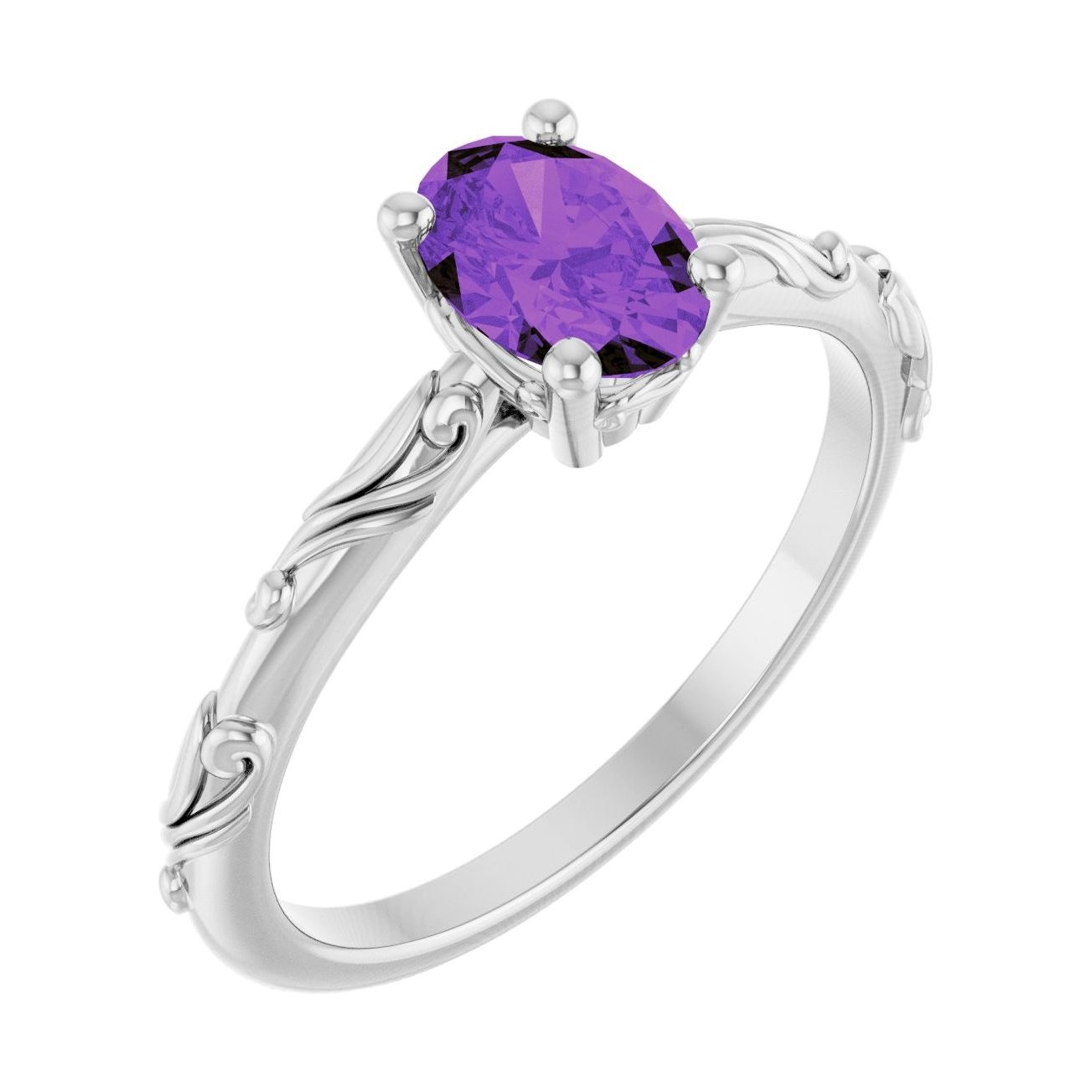 Oval Amethyst Scroll Sculptural Solitaire Engagement Ring in 14K White Gold with 1.0 ct oval diamond