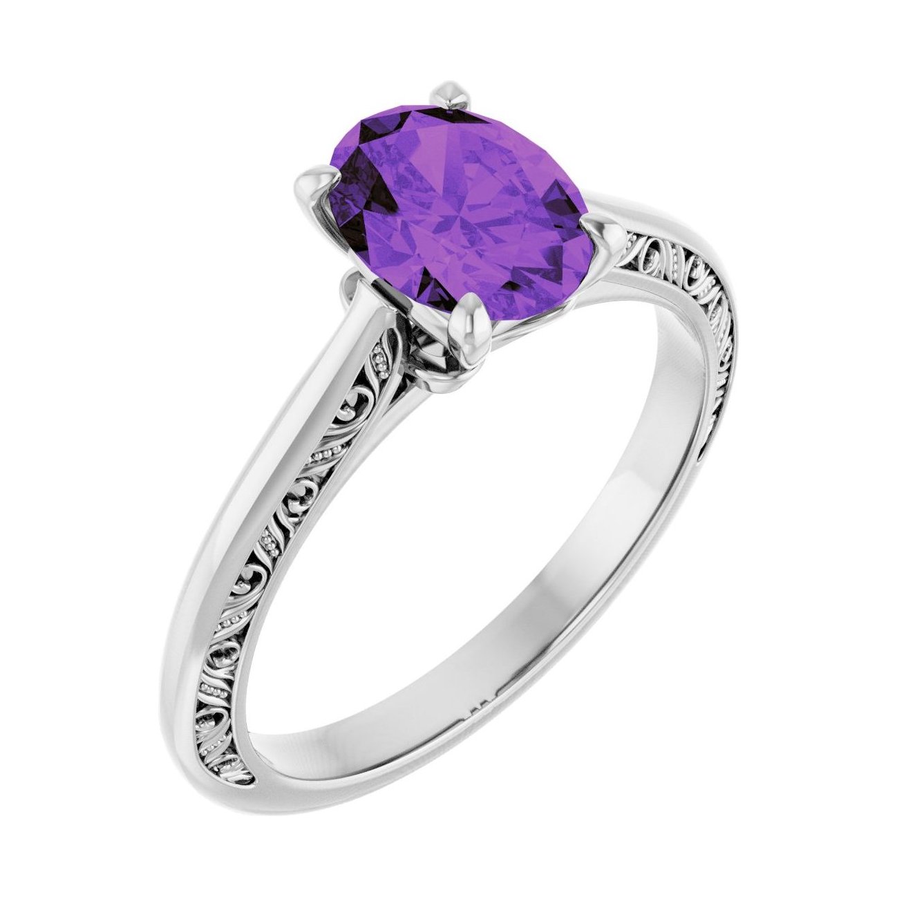 Oval Amethyst Sculptural Solitaire Engagement Ring in 14K White Gold with 1.5 ct oval diamond