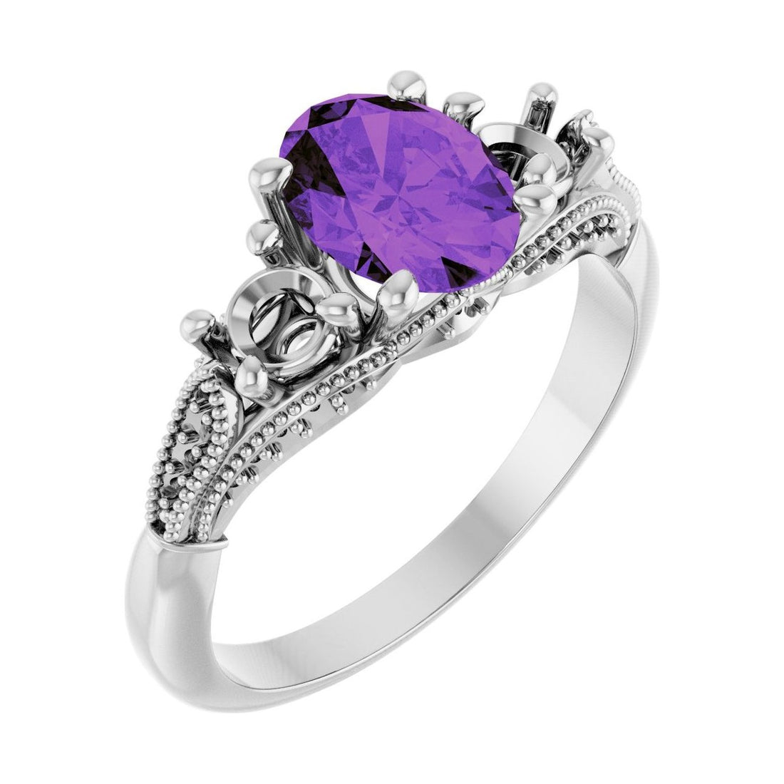 Oval Amethyst Three-Stone Engagement Ring in 14K White Gold with 1.5 ct oval diamond