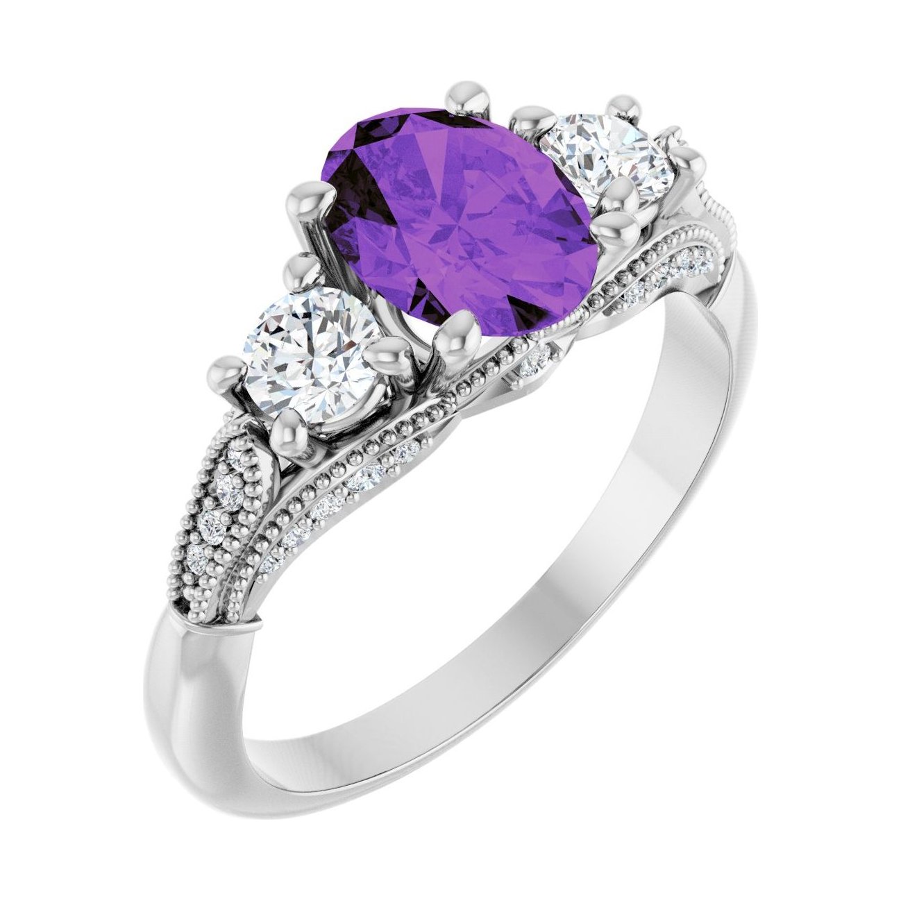Oval Amethyst Three-Stone Engagement Ring in 14K White Gold with 1.5 ct oval diamond