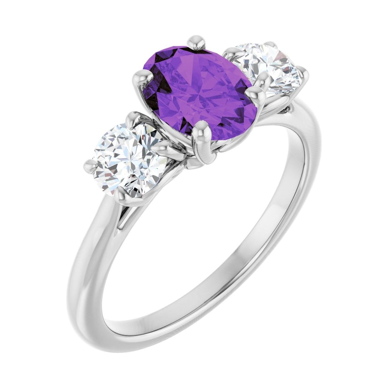 Oval Amethyst Three-Stone Engagement Ring in 14K White Gold with 1.5 ct oval diamond