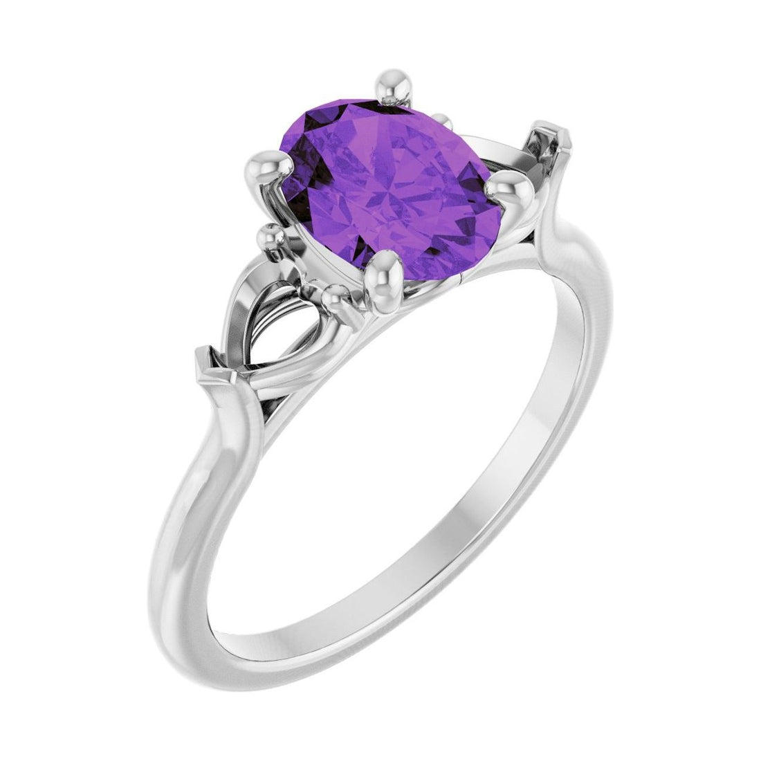 Oval Amethyst Three-Stone Engagement Ring in 14K White Gold with 1.5 ct oval diamond