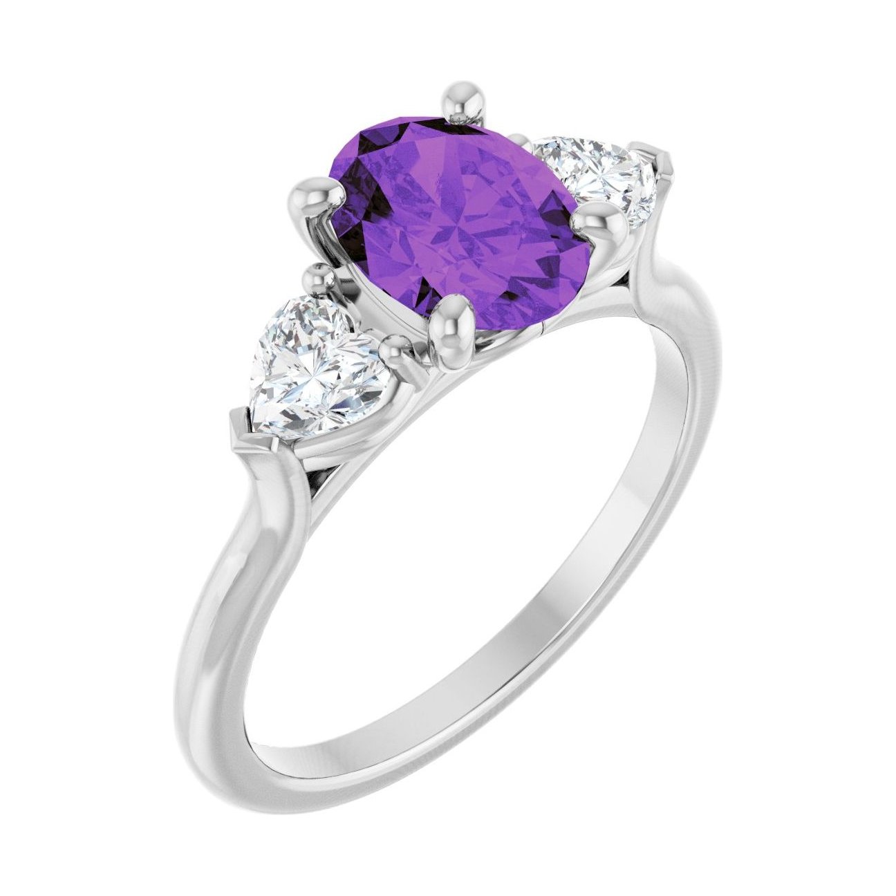 Oval Amethyst Three-Stone Engagement Ring in 14K White Gold with 1.5 ct oval diamond